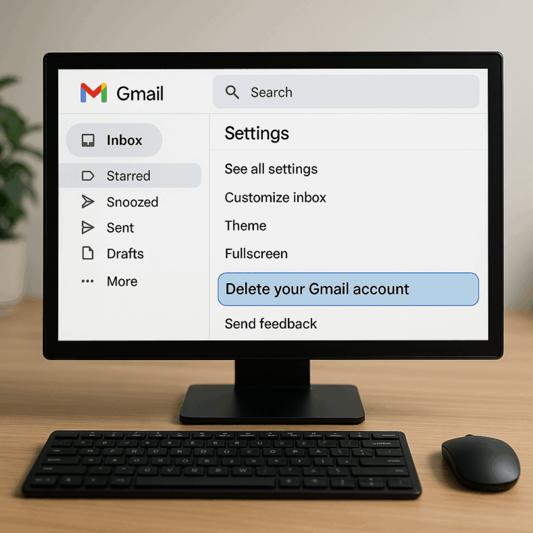 Interface Gmail montrant le processus de suppression de compte