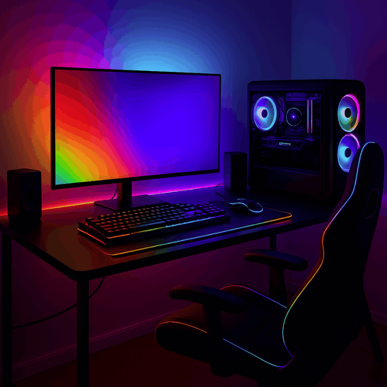 Setup bureau gaming moderne avec éclairage RGB et périphériques