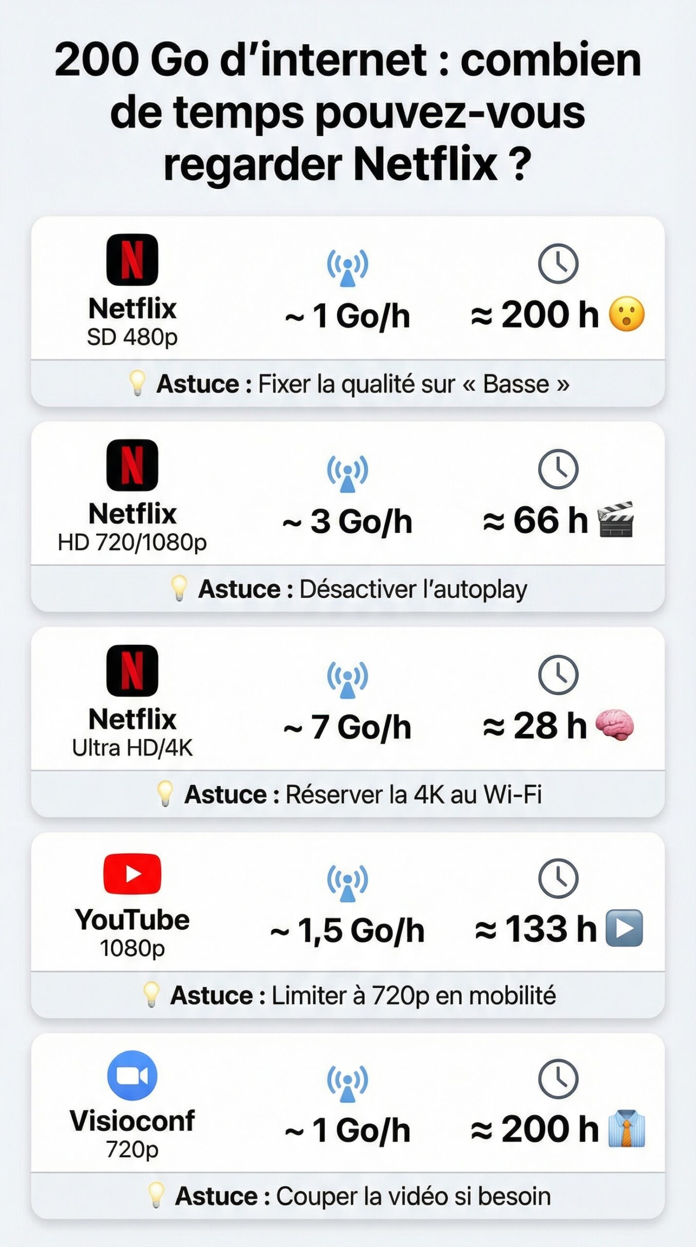 Infographie récapitulative : 200 go d’internet : combien de temps pouvez-vous regarder Netflix ?
