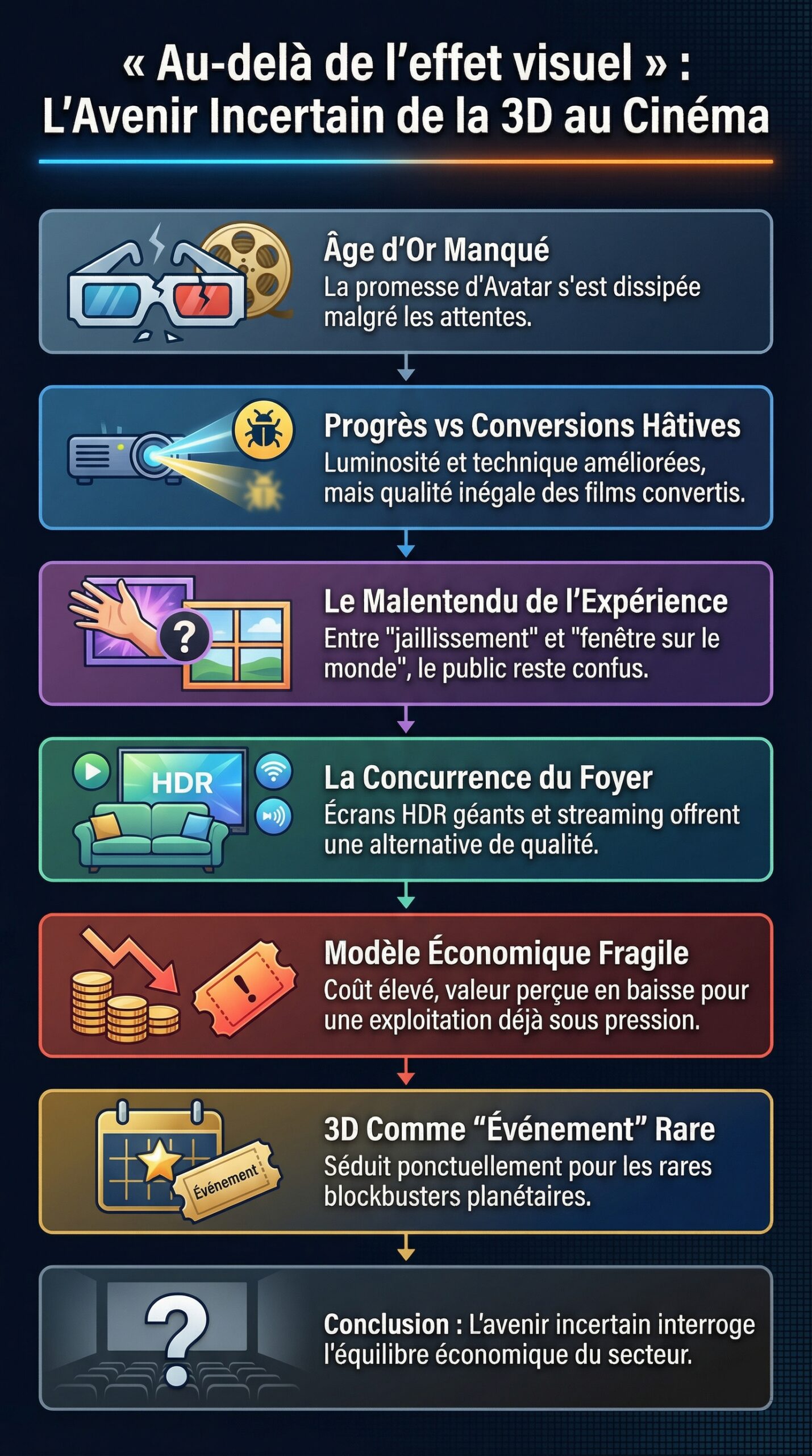 Infographie récapitulative : « Au-delà de l’effet visuel » : pourquoi la 3D au cinéma, malgré le triomphe d’Avatar, voit son avenir incertain