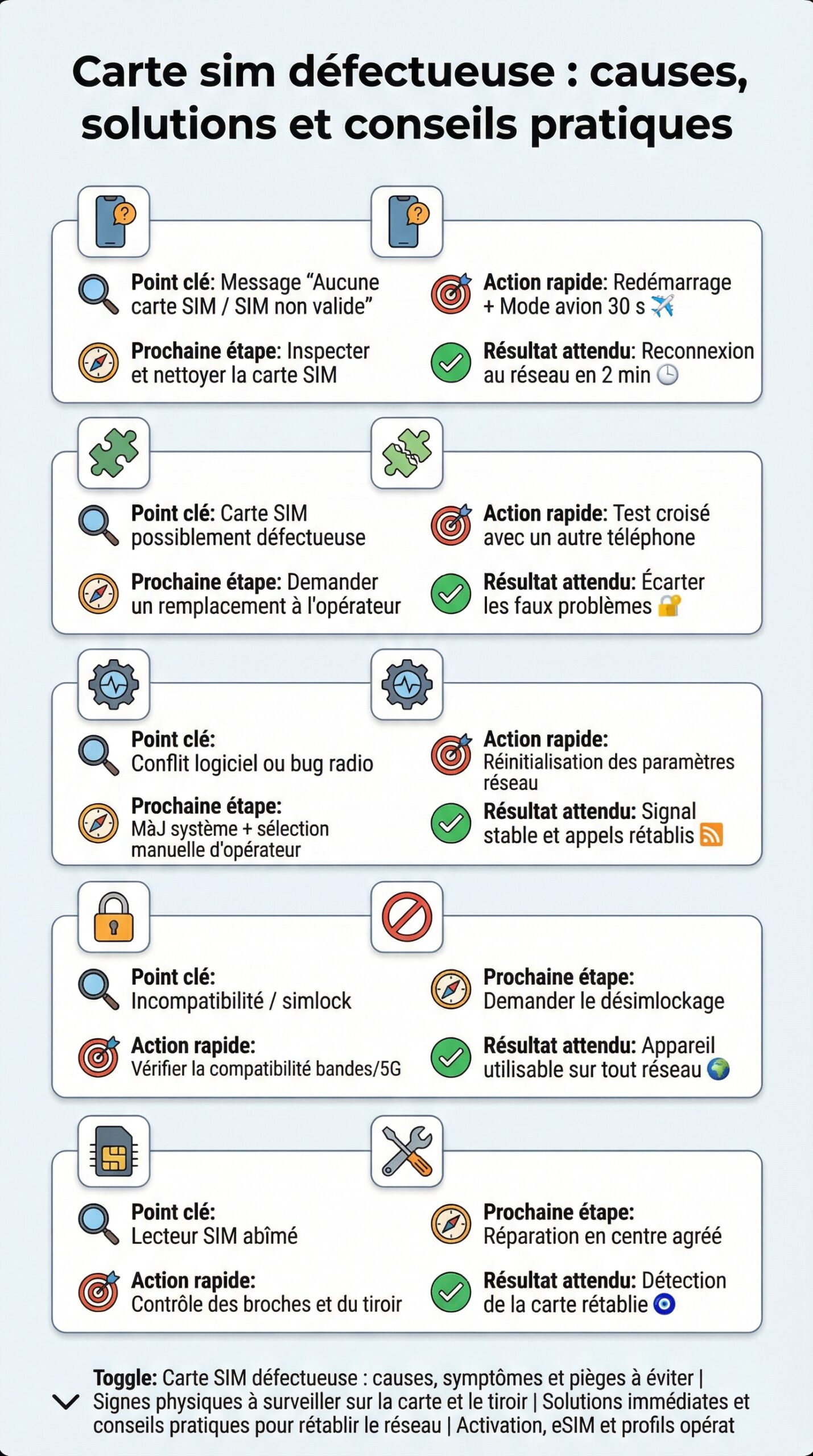 Infographie récapitulative : Carte sim défectueuse : causes, solutions et conseils pratiques