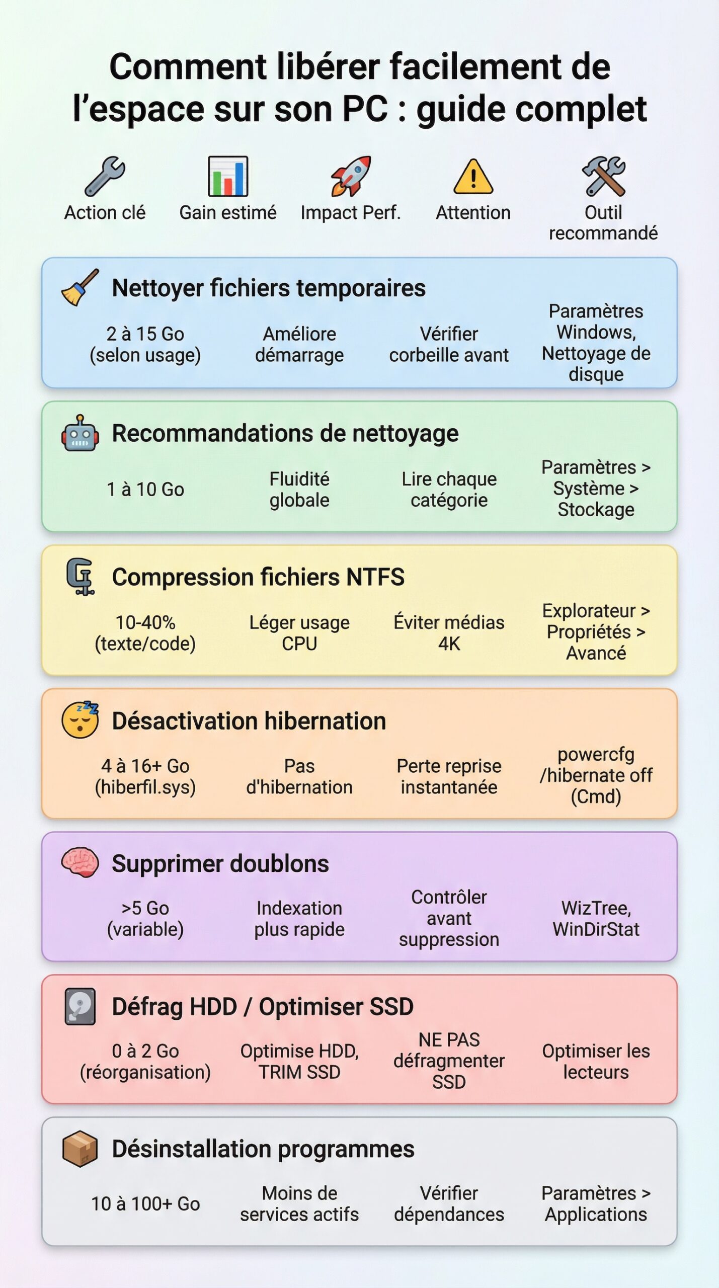 Infographie récapitulative : Comment libérer facilement de l’espace sur son PC : guide complet