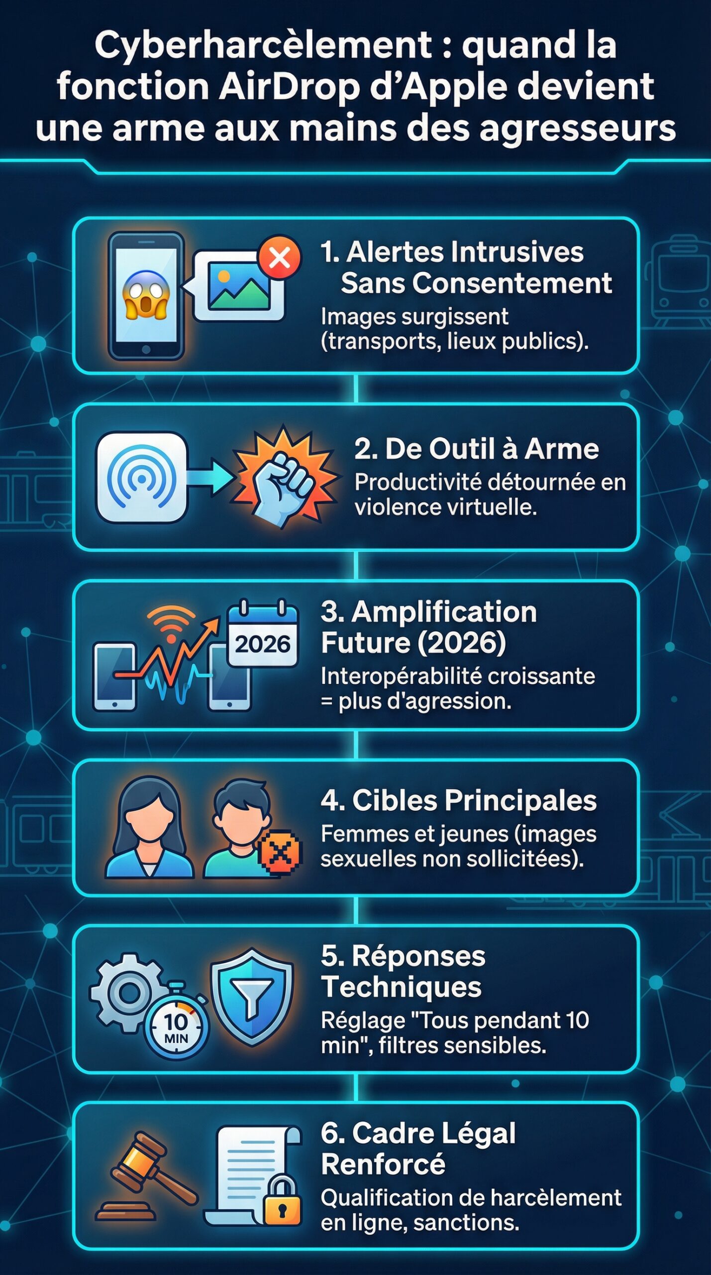 Infographie récapitulative : Cyberharcèlement : quand la fonction AirDrop d’Apple devient une arme aux mains des agresseurs