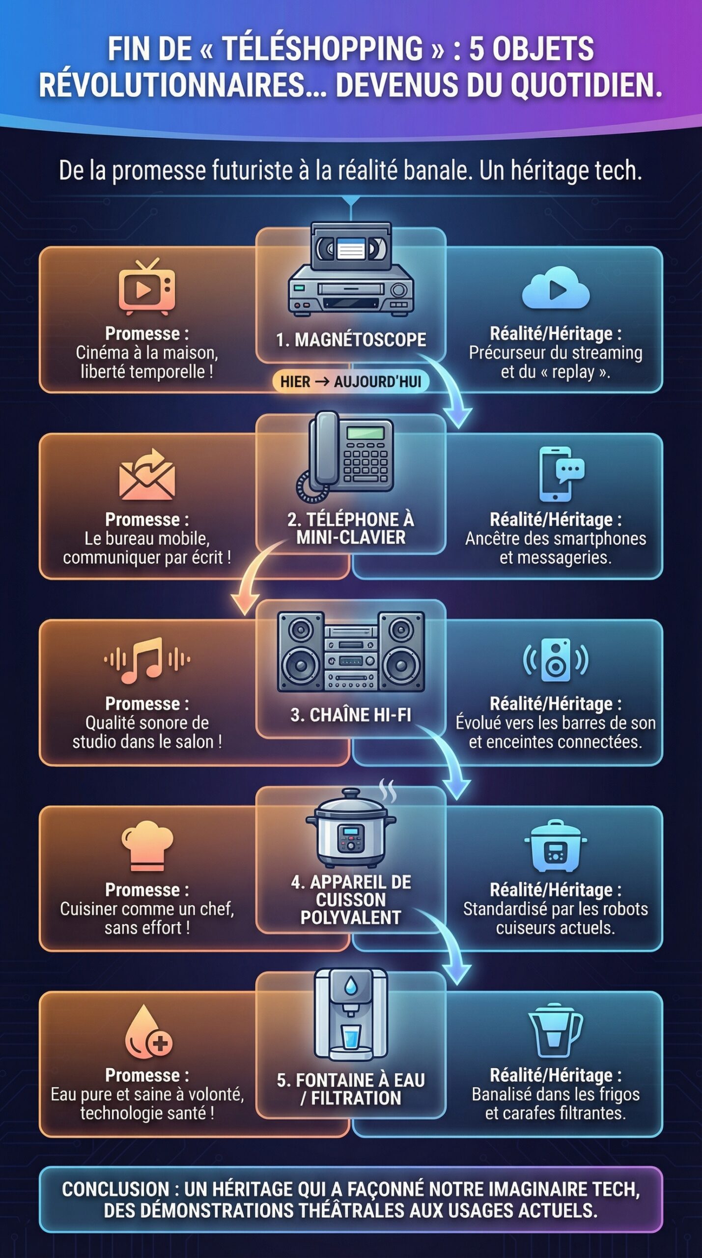 Infographie récapitulative : Fin de « Téléshopping » sur TF1 : retour sur cinq objets du quotidien jadis vendus comme des inventions révolutionnaires