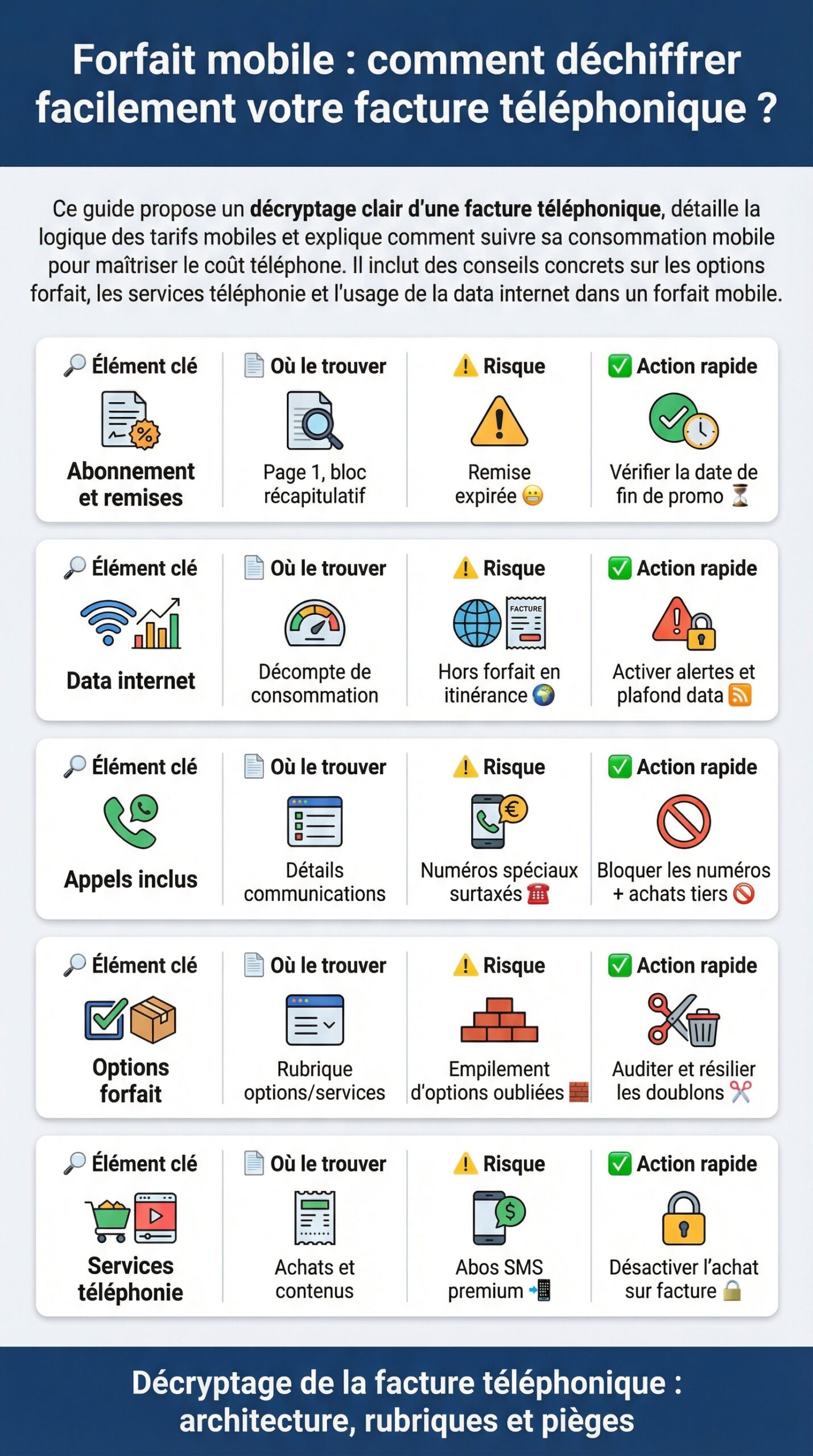 Infographie récapitulative : Forfait mobile : comment déchiffrer facilement votre facture téléphonique ?