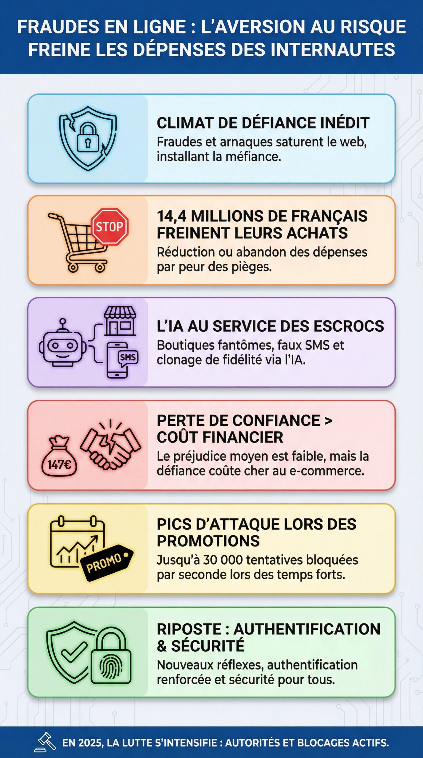 Infographie récapitulative : Fraudes en ligne : l&rsquo;aversion au risque freine les dépenses des internautes