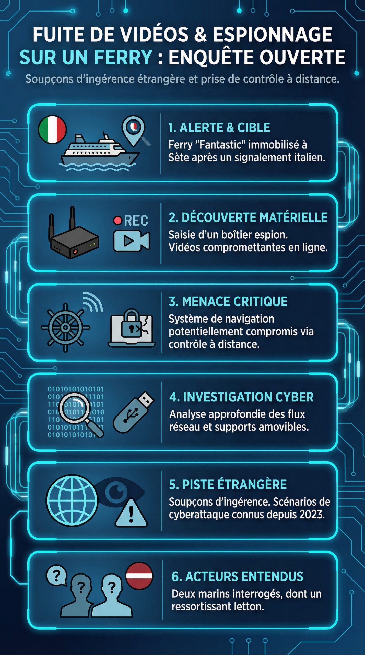 Infographie récapitulative : Fuite de vidéos sur un ferry : ouverture d’une enquête pour espionnage et soupçons d’ingérence étrangère
