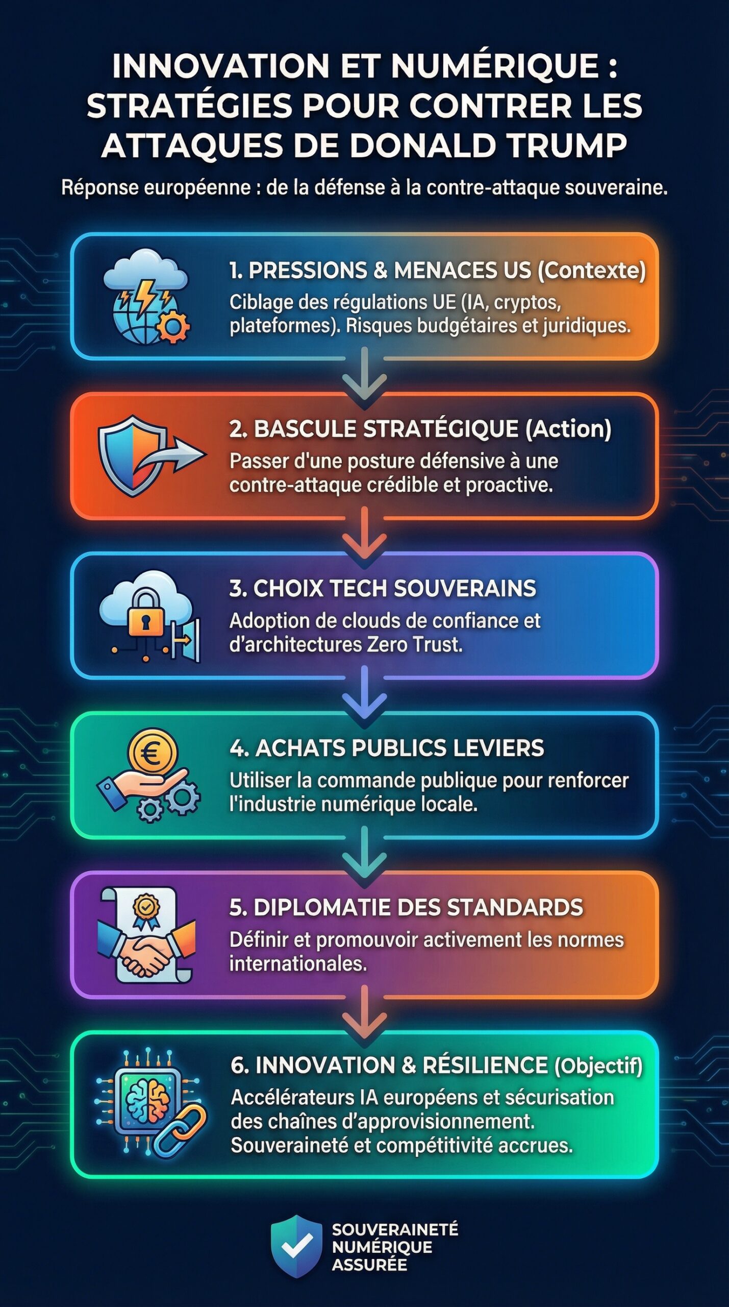 Infographie récapitulative : Innovation et numérique : stratégies pour contrer les attaques de Donald Trump