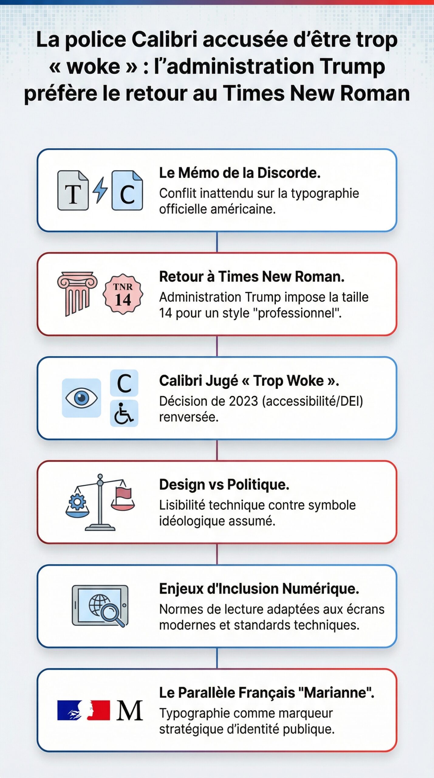 Infographie récapitulative : La police Calibri accusée d&rsquo;être trop « woke » : l&rsquo;administration Trump préfère le retour au Times New Roman
