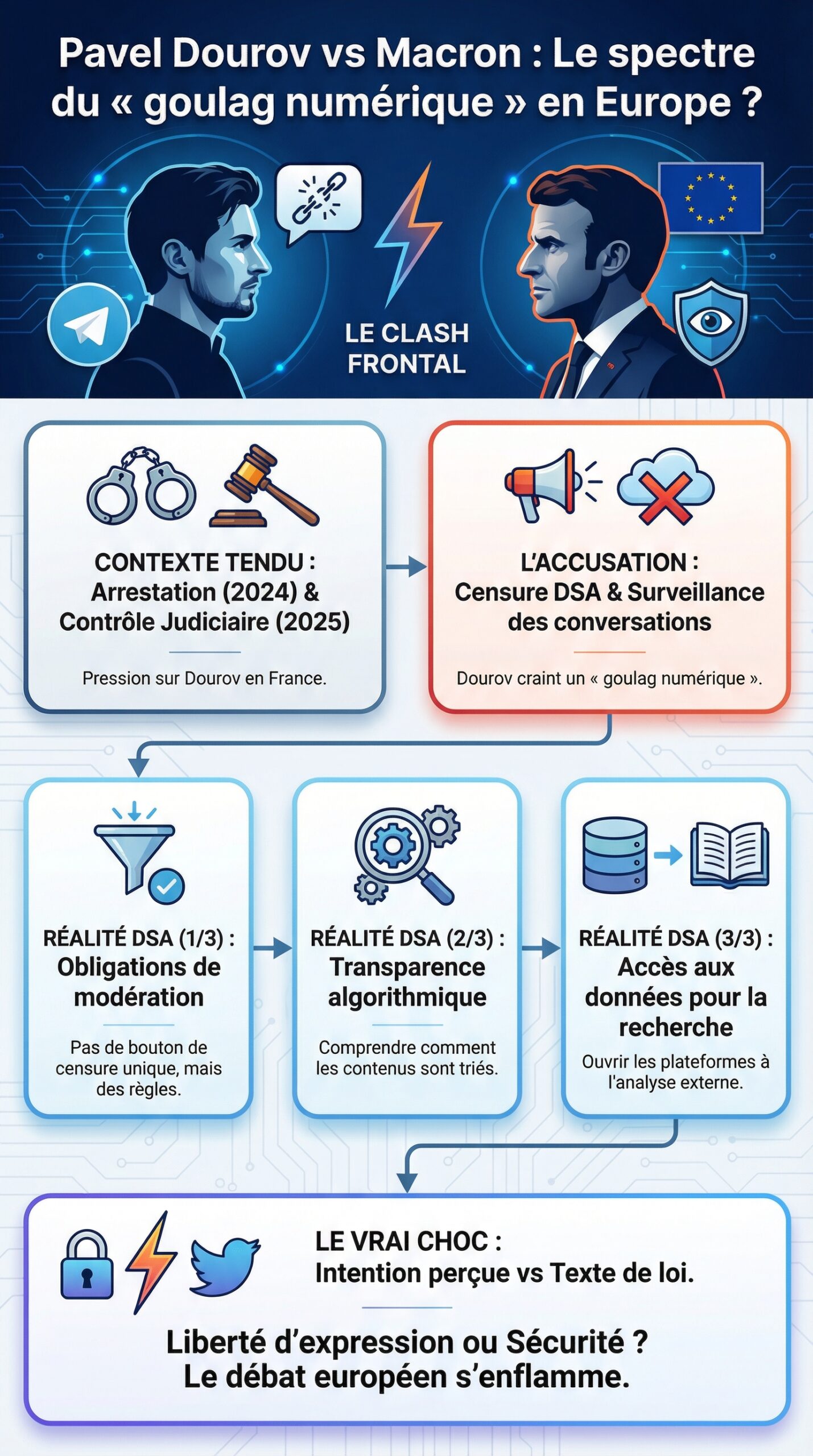 Infographie récapitulative : Pavel Dourov, créateur de Telegram, dénonce Emmanuel Macron : vers un « goulag numérique » en Europe ?