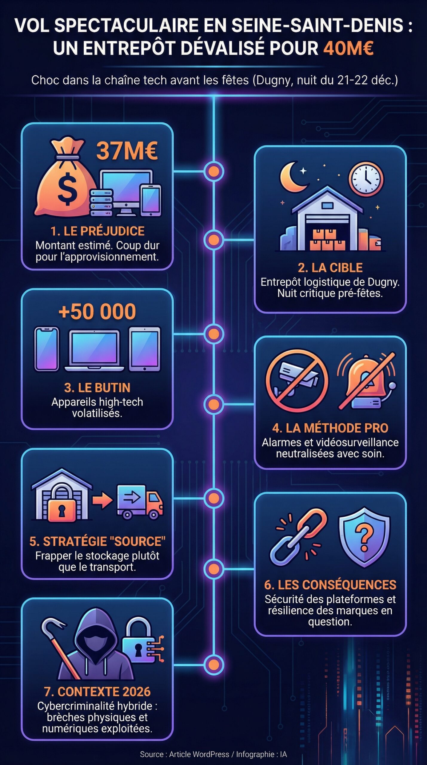Infographie récapitulative : Vol spectaculaire en Seine-Saint-Denis : un entrepôt dévalisé pour 40 millions d&rsquo;euros de téléphones et d&rsquo;ordinateurs