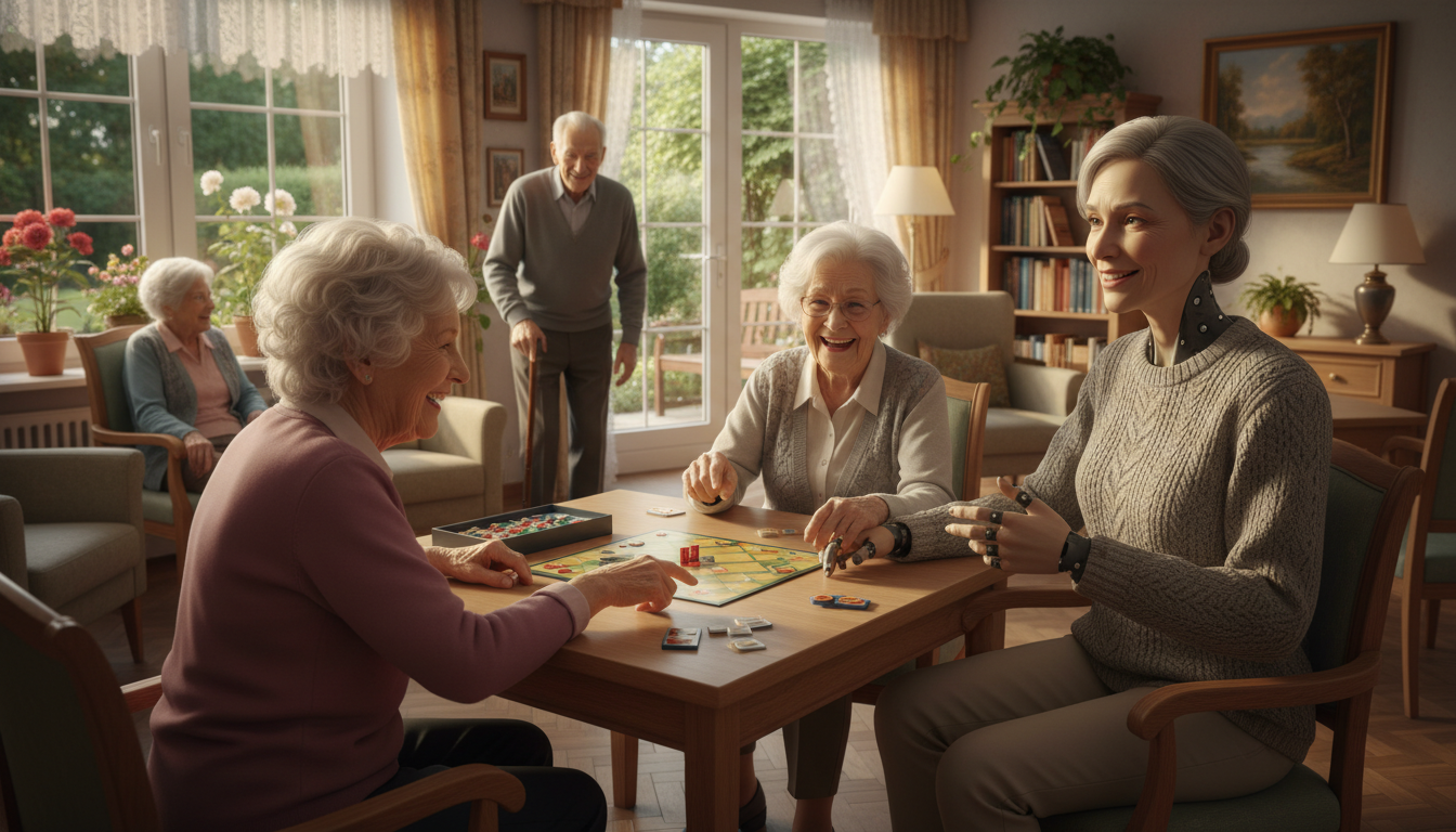 dans une maison de retraite allemande, un androïde accompagne les pensionnaires avec tant de dévouement qu'il en oublie qu'il est un robot, mêlant humanité et technologie.