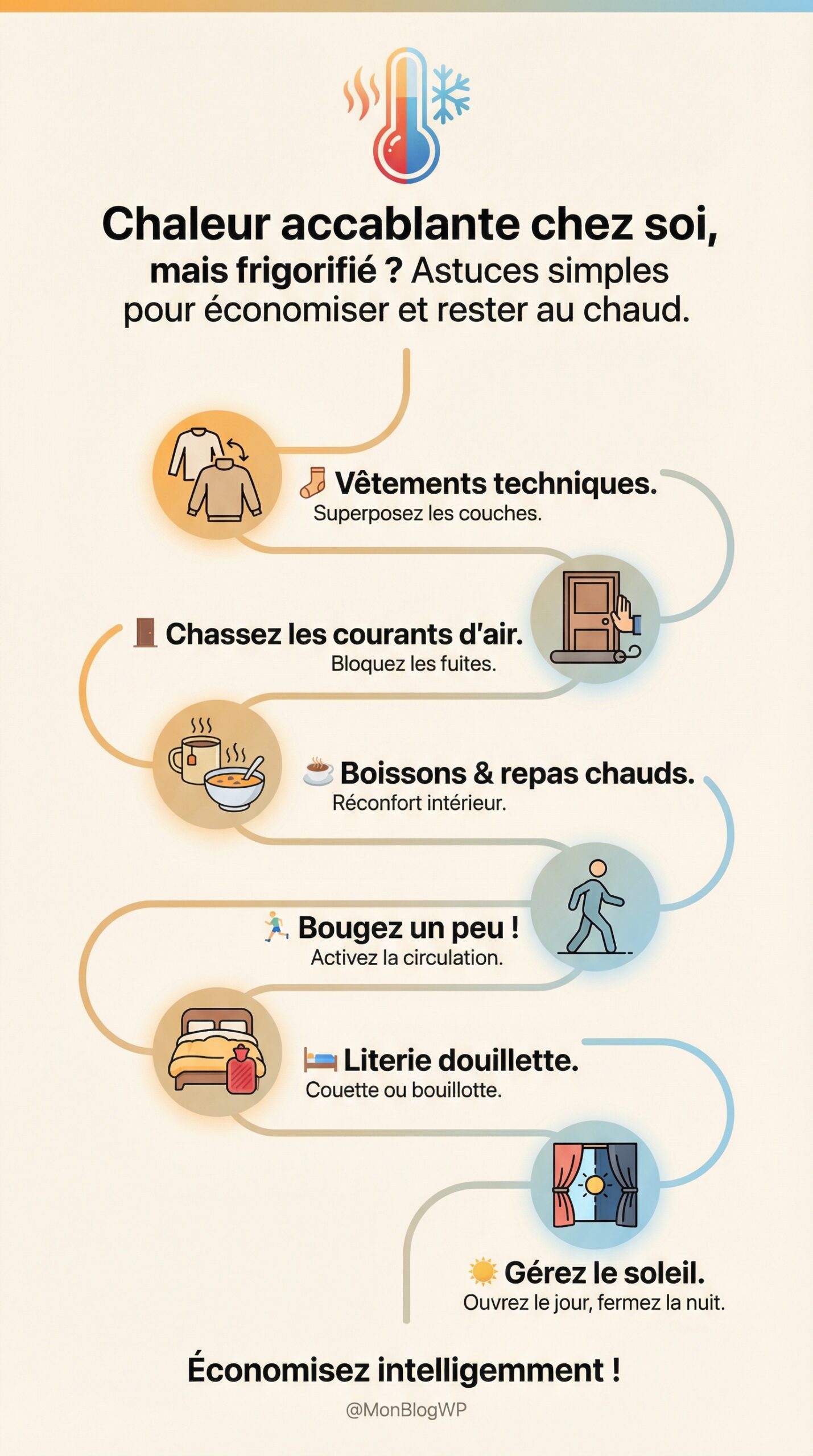 Infographie récapitulative : Chaleur accablante chez soi et pourtant frigorifié ? Découvrez des astuces simples pour économiser et rester au chaud