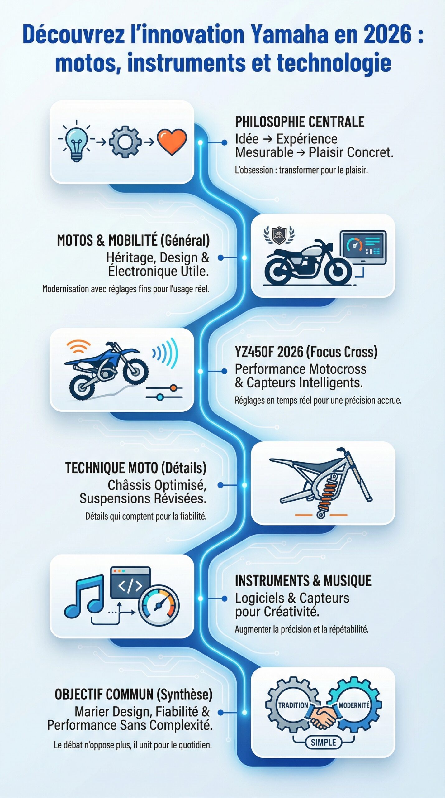 Infographie récapitulative : Découvrez l’innovation Yamaha en 2026 : motos, instruments et technologie
