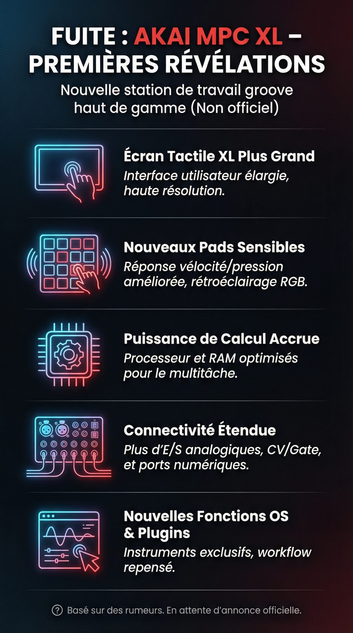 Infographie récapitulative : Fuite : Akai MPC XL – Premières révélations sur la nouvelle station de travail groove haut de gamme