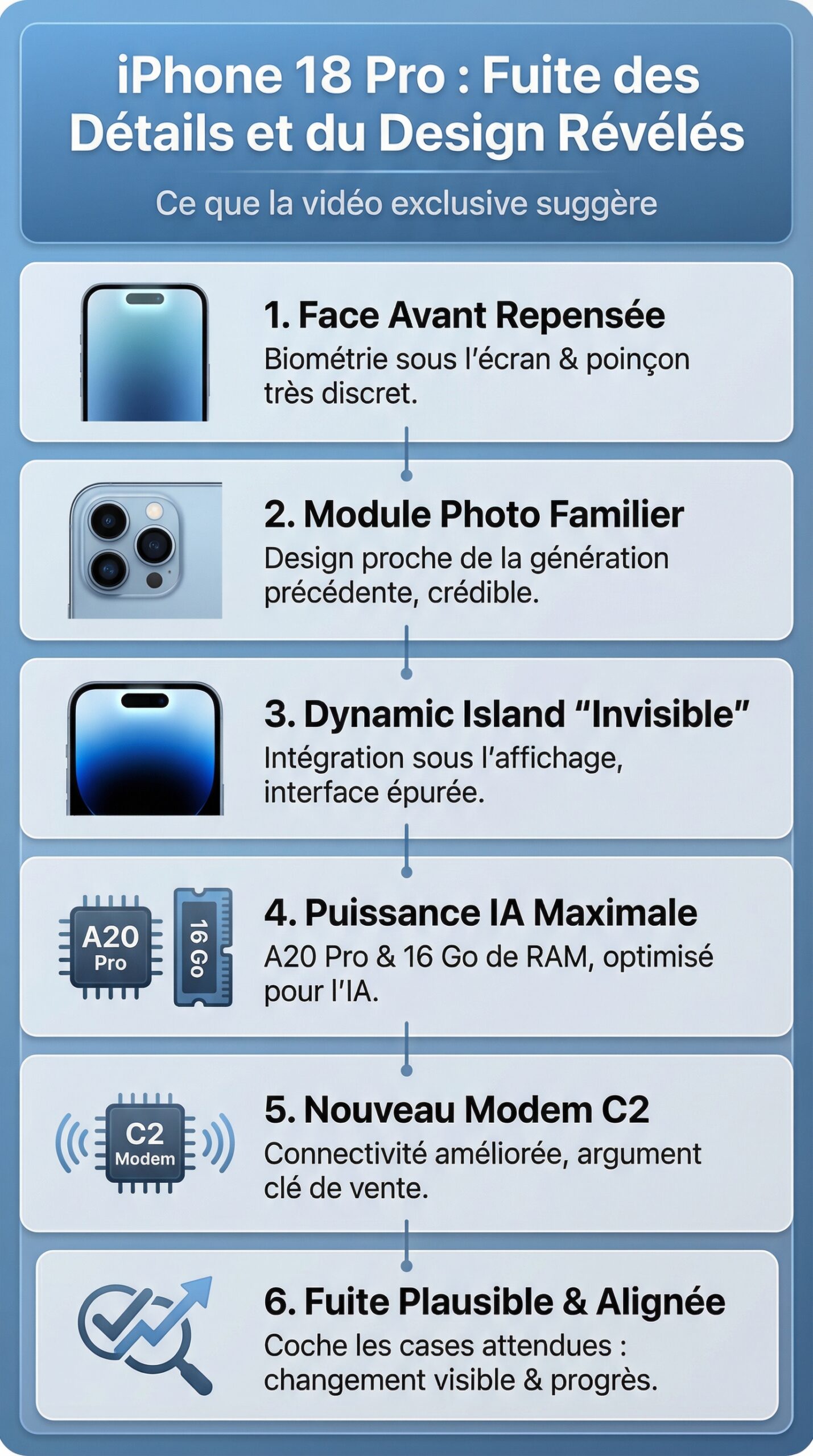 Infographie récapitulative : Fuite des détails et du design de l’iPhone 18 Pro : Ce que révèle la vidéo exclusive – Tech