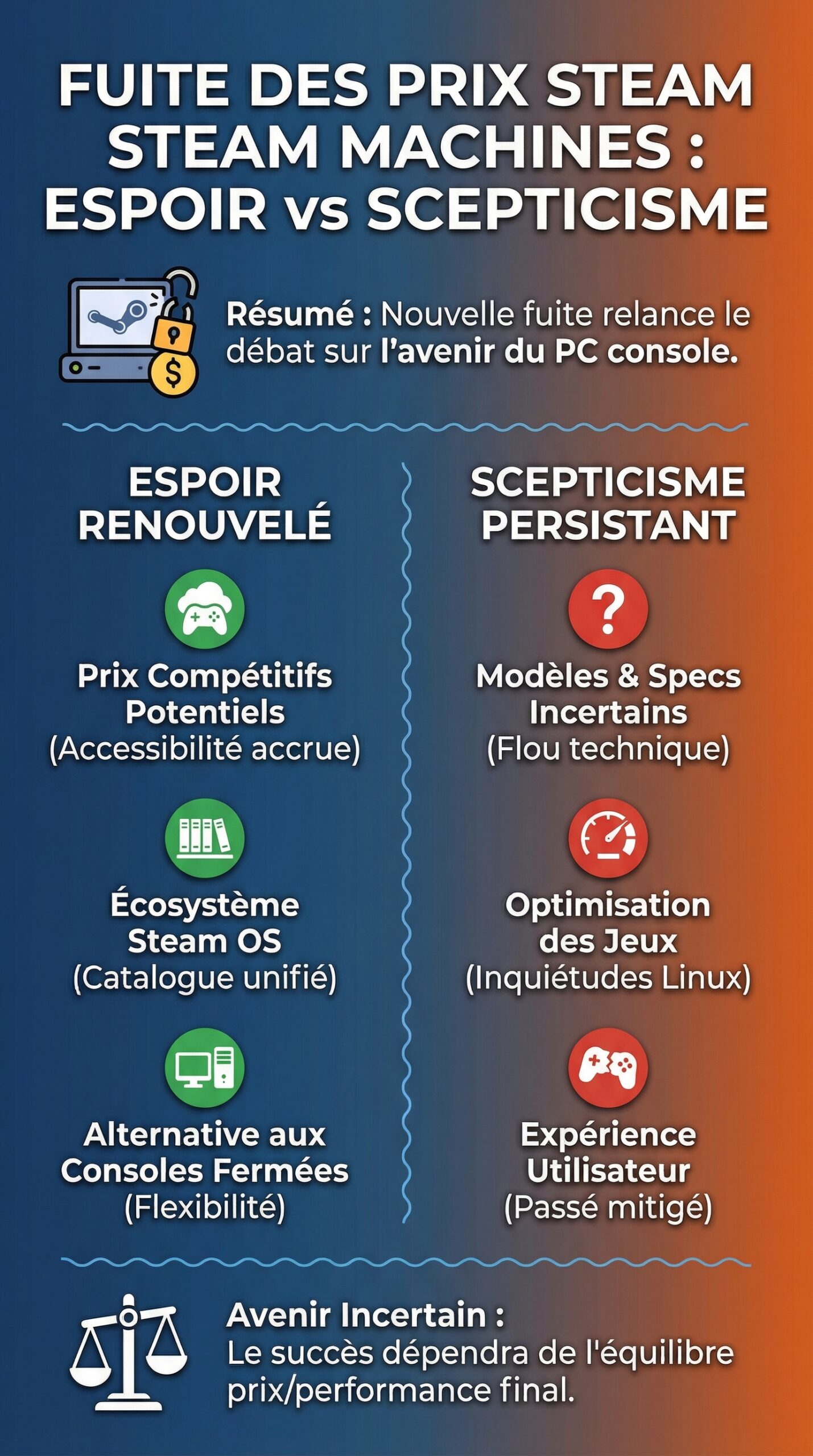 Infographie récapitulative : Fuite des prix des Steam Machines : entre espoir renouvelé et scepticisme chez les joueurs