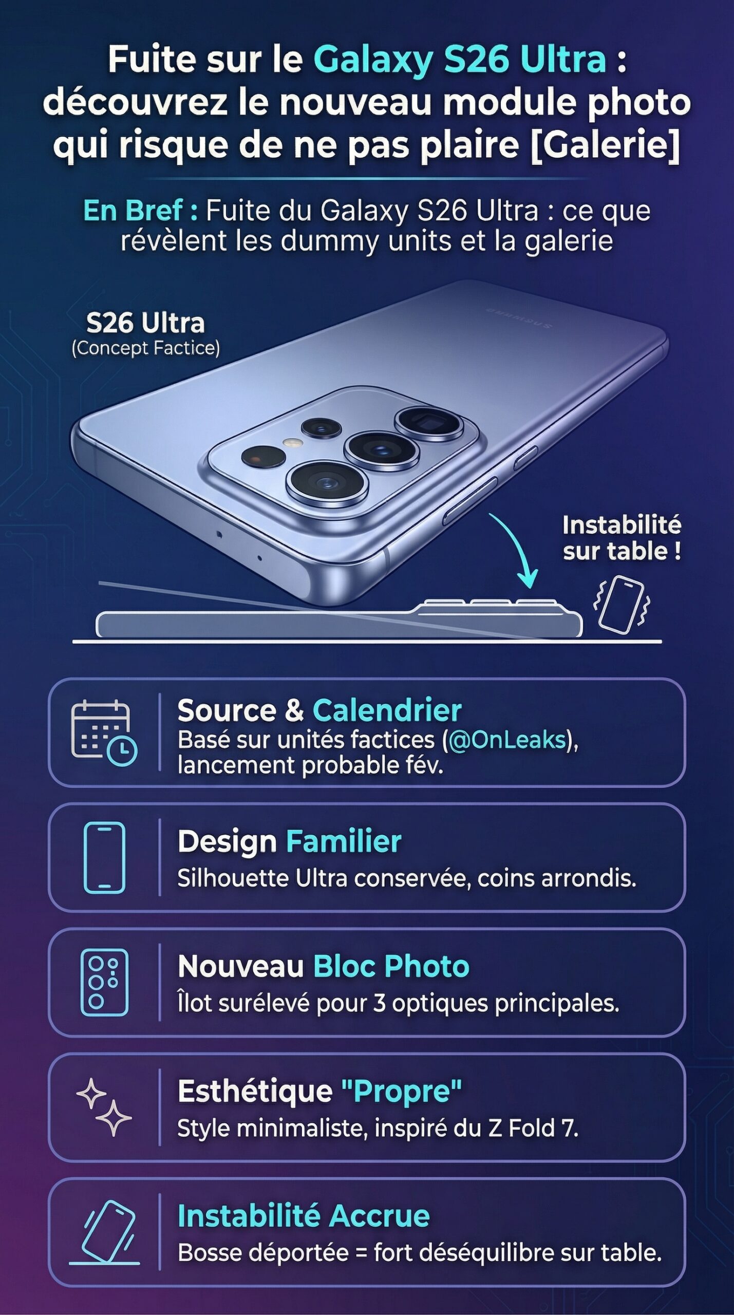 Infographie récapitulative : Fuite sur le Galaxy S26 Ultra : découvrez le nouveau module photo qui risque de ne pas plaire [Galerie