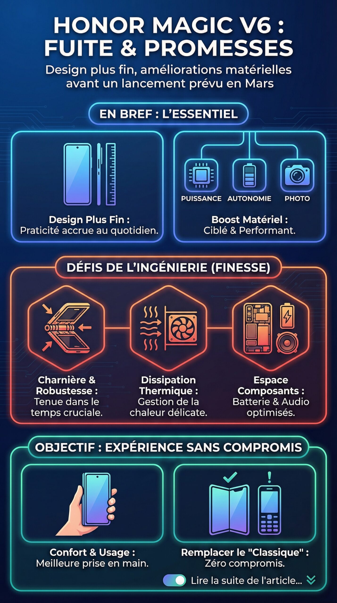 Infographie récapitulative : Fuite sur le Honor Magic V6 : un design plus fin et des améliorations matérielles avant un lancement prévu en mars