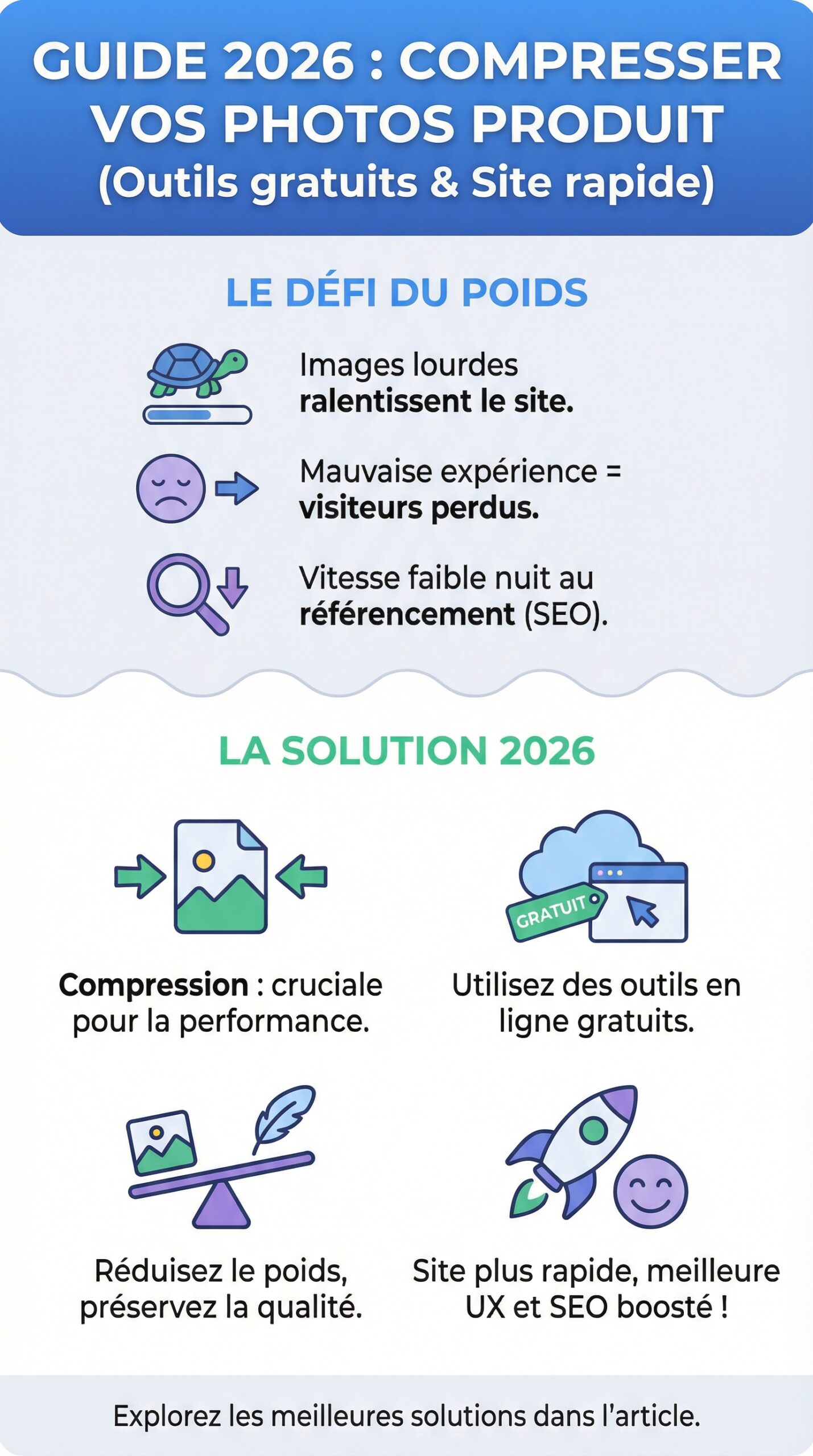 Infographie récapitulative : Guide 2026 : outils en ligne gratuits pour compresser tes photos produit et accélérer ton site