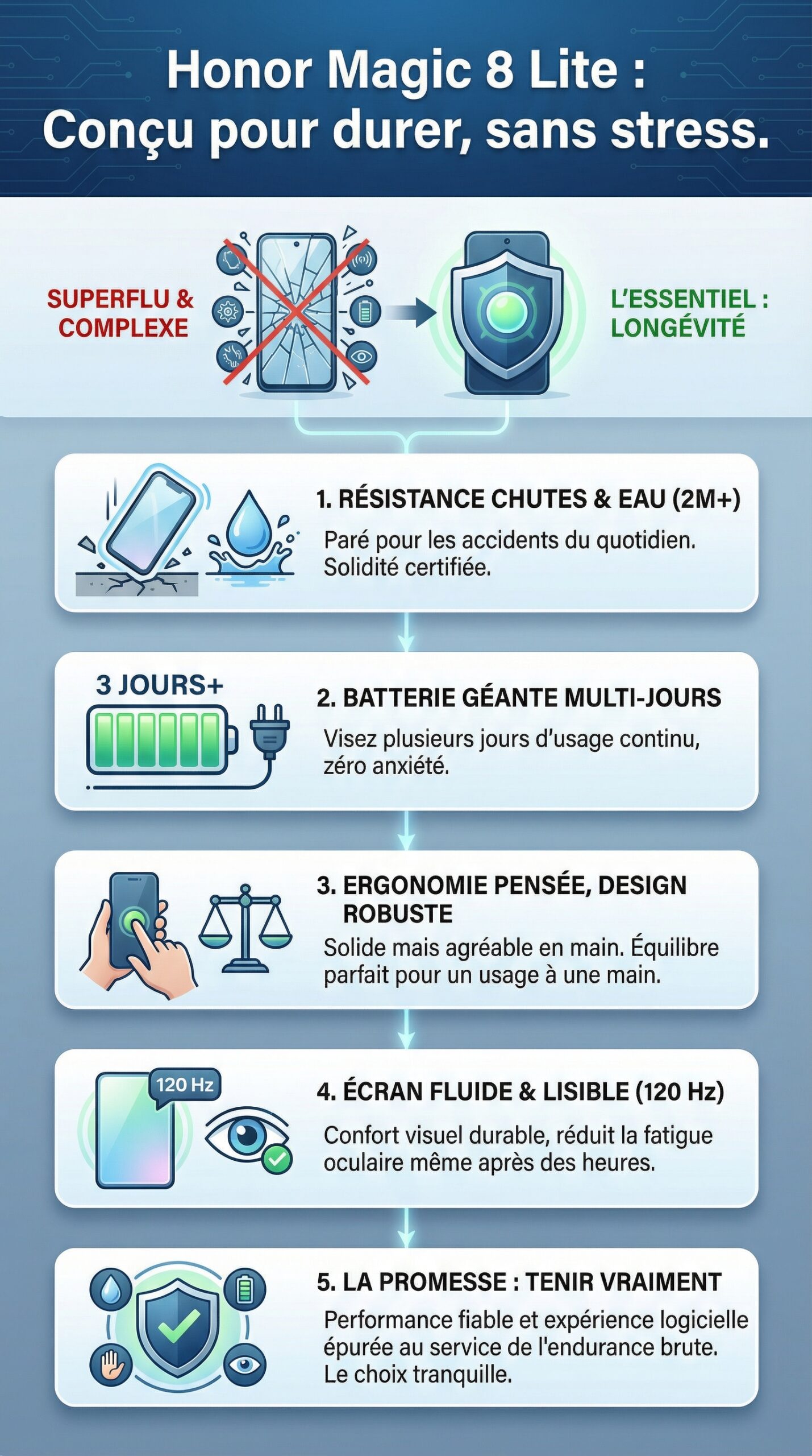 Infographie récapitulative : Honor Magic 8 Lite : un smartphone conçu pour une longue durée de vie, notre test complet