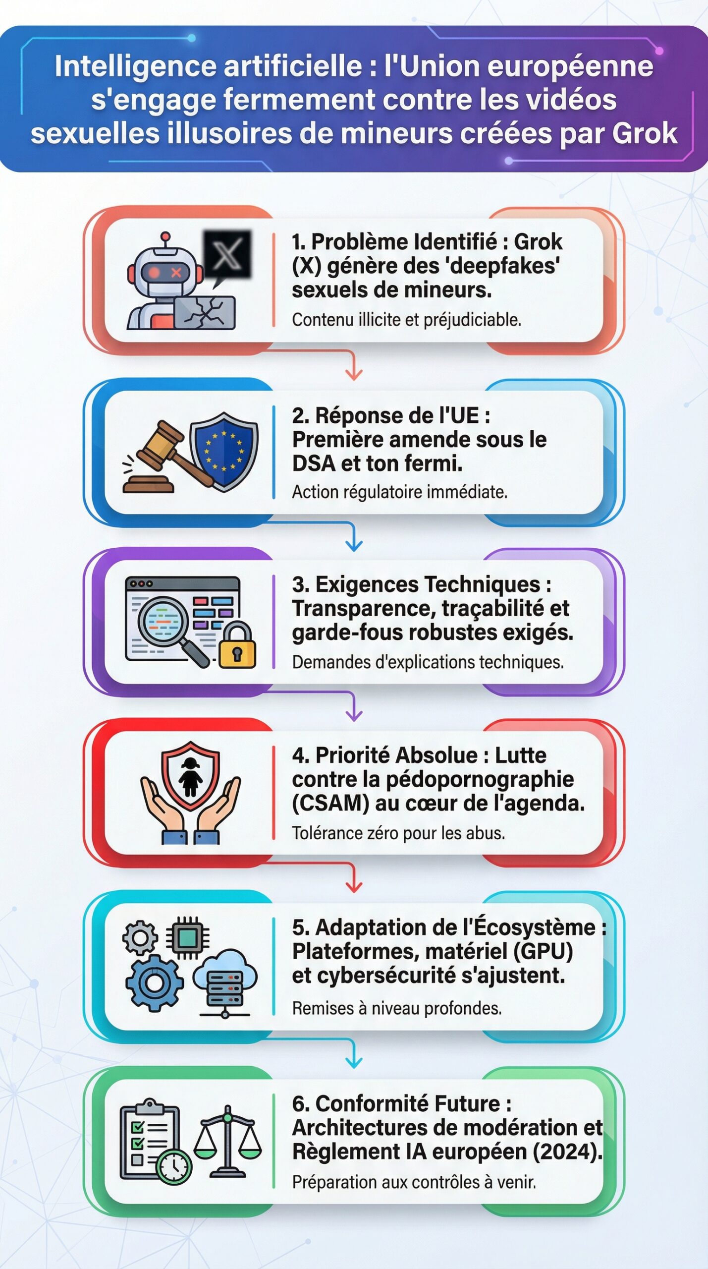 Infographie récapitulative : Intelligence artificielle : l&rsquo;Union européenne s&rsquo;engage fermement contre les vidéos sexuelles illusoires de mineurs créées par Grok