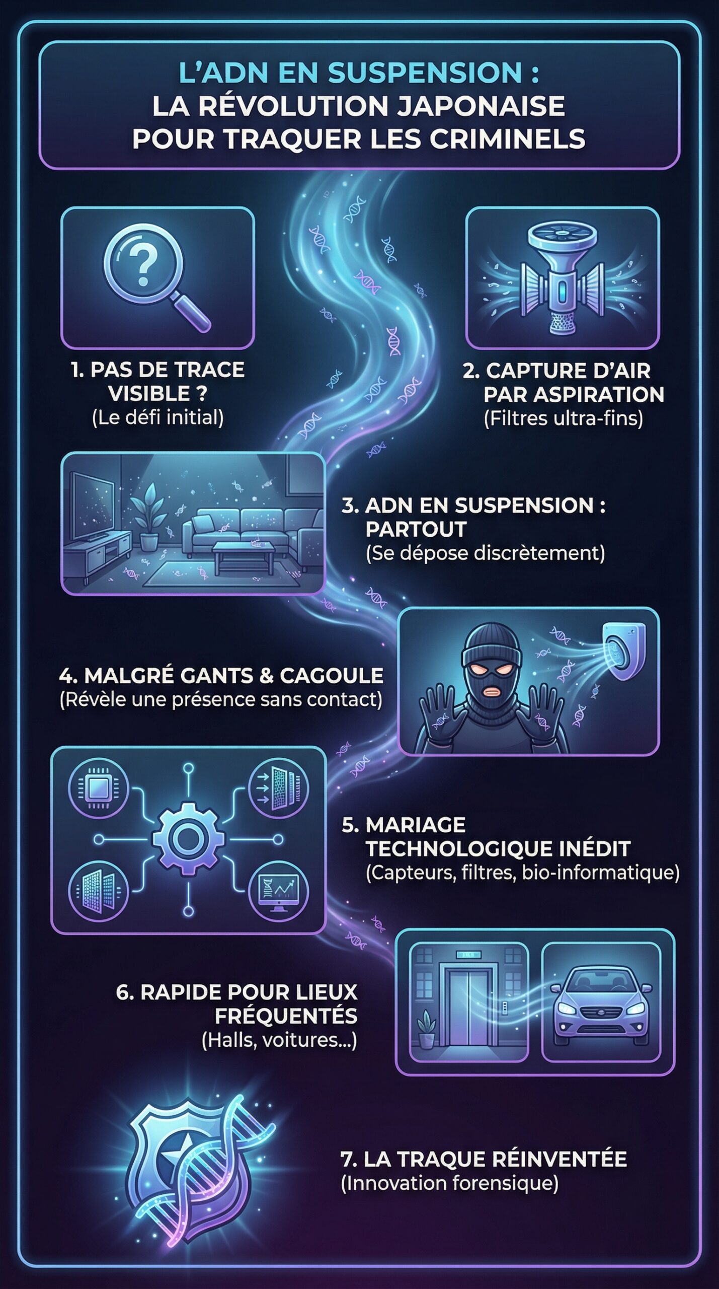 Infographie récapitulative : L&rsquo;ADN en suspension dans l&rsquo;air : la révolution japonaise pour traquer les criminels