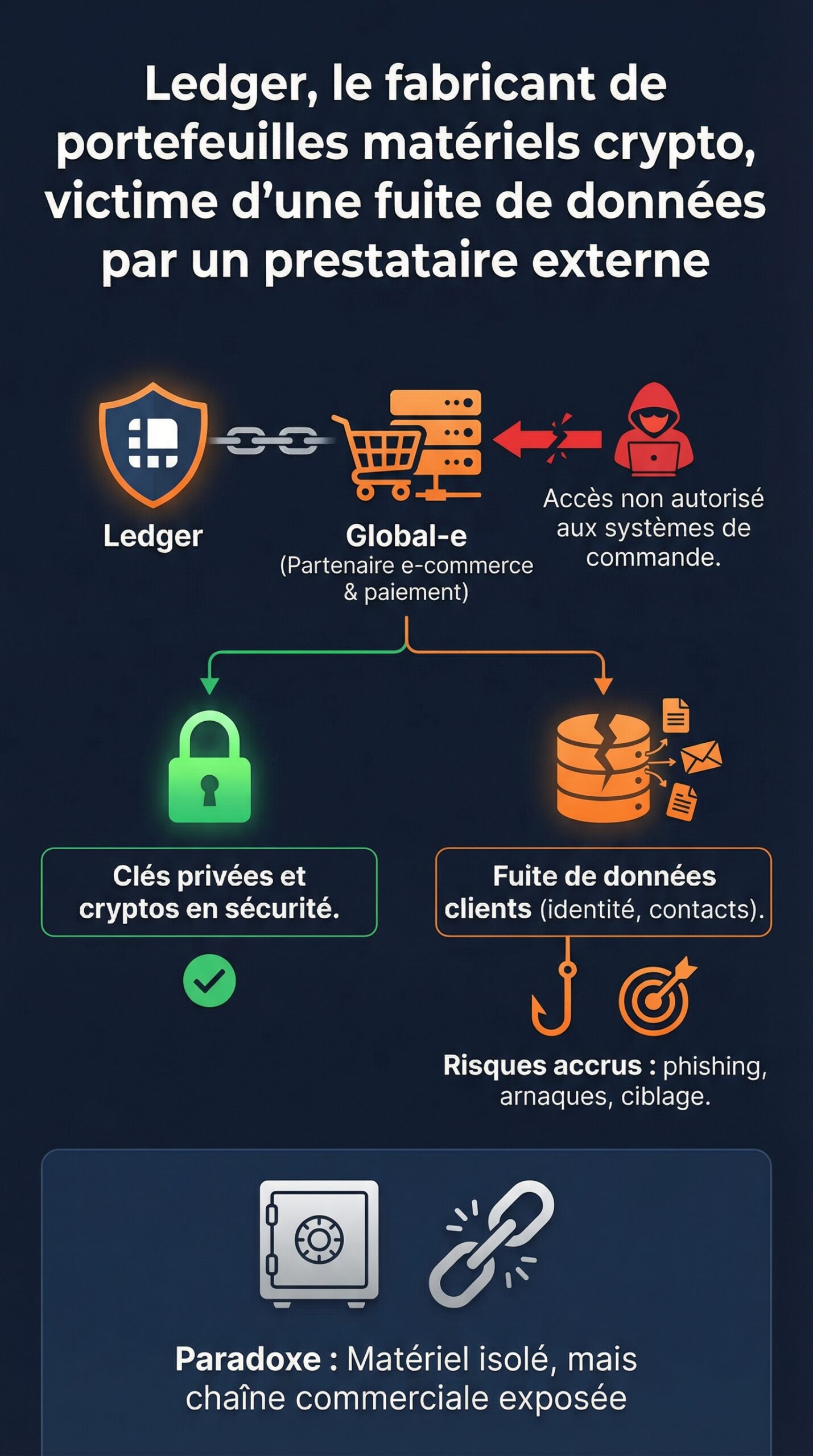 Infographie récapitulative : Ledger, le fabricant de portefeuilles matériels crypto, victime d&rsquo;une fuite de données par un prestataire externe