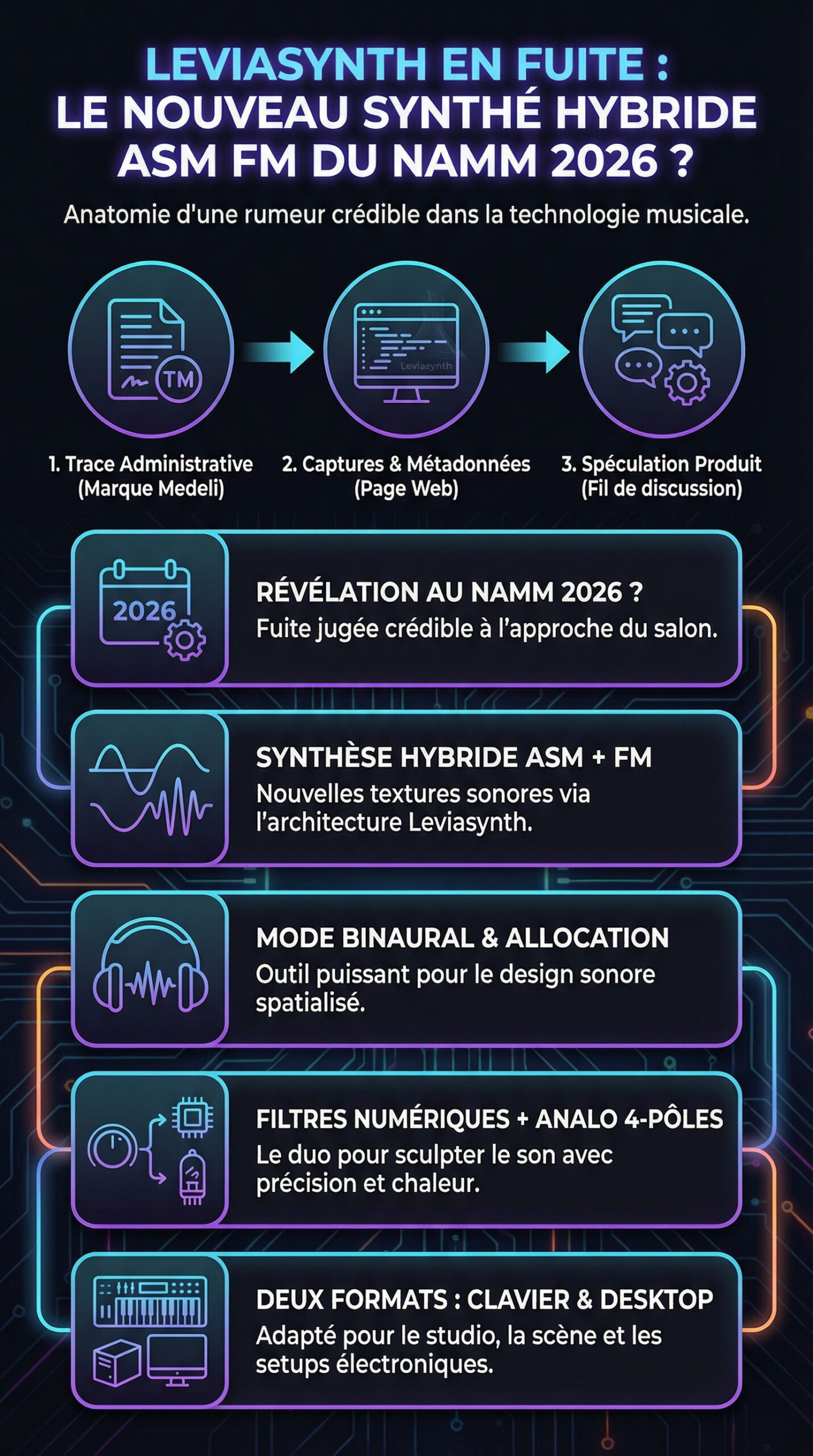 Infographie récapitulative : Leviasynth en fuite : un nouveau synthétiseur hybride ASM FM annoncé pour le NAMM 2026 ?