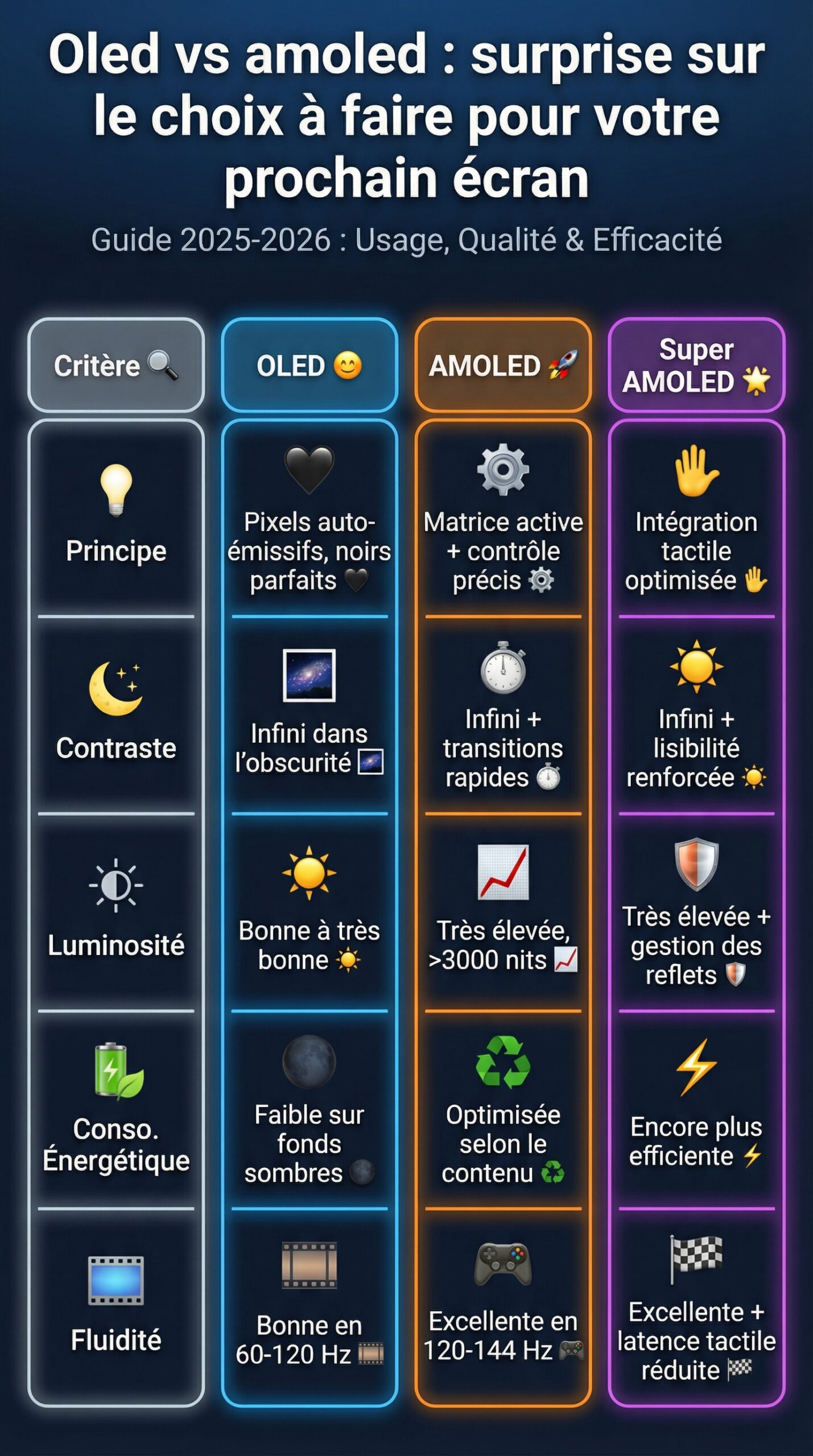 Infographie récapitulative : Oled vs amoled : surprise sur le choix à faire pour votre prochain écran