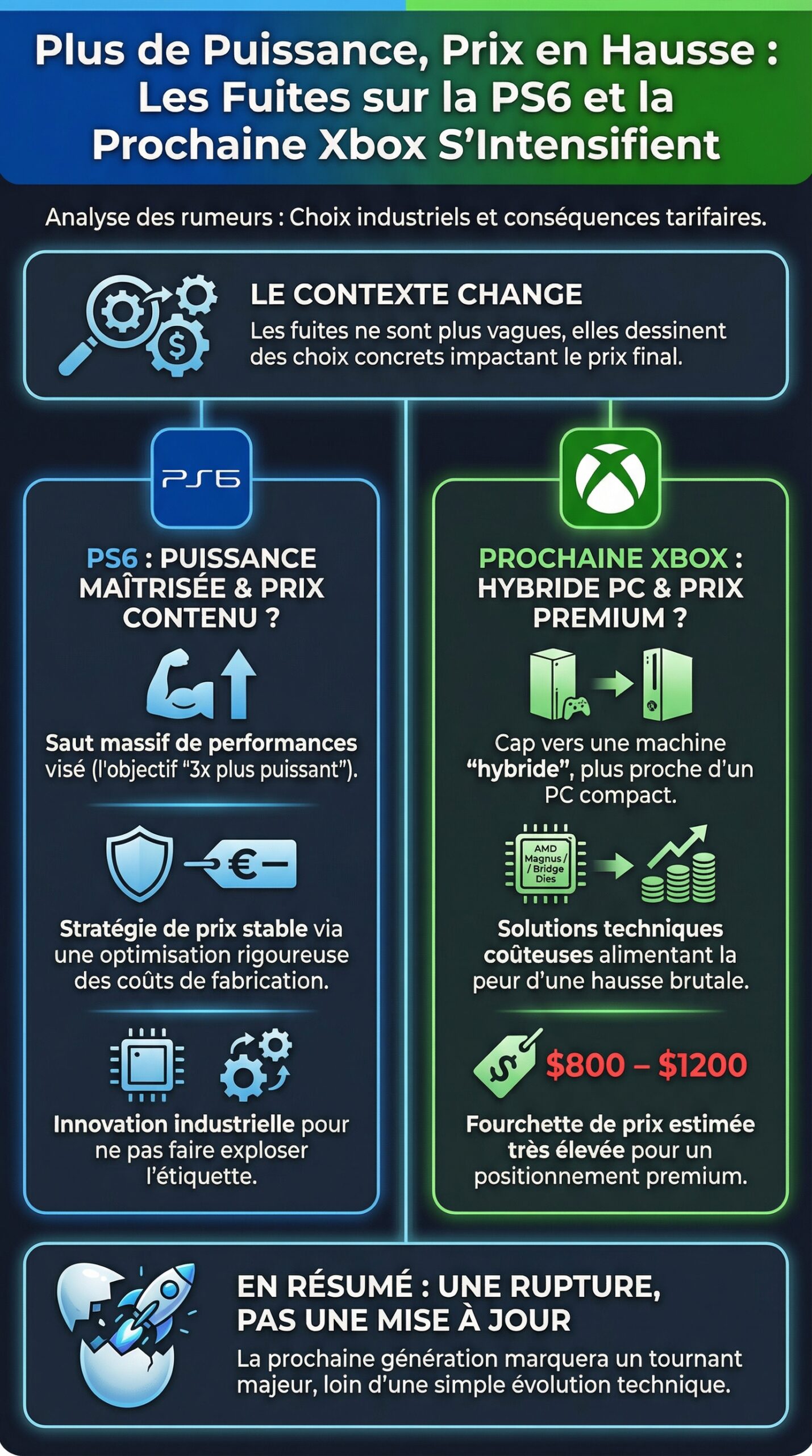 Infographie récapitulative : Plus de Puissance, Prix en Hausse : Les Fuites sur la PS6 et la Prochaine Xbox S&rsquo;Intensifient