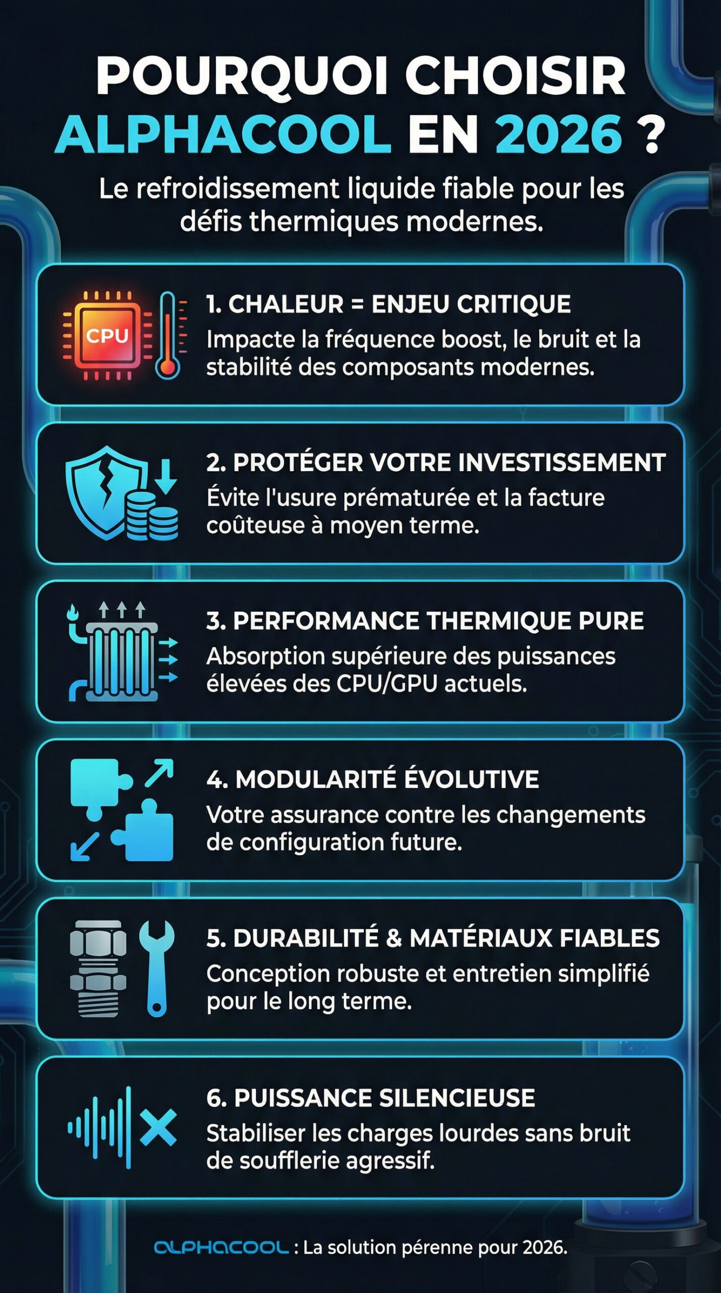 Infographie récapitulative : Pourquoi choisir alphacool pour votre système de refroidissement en 2026
