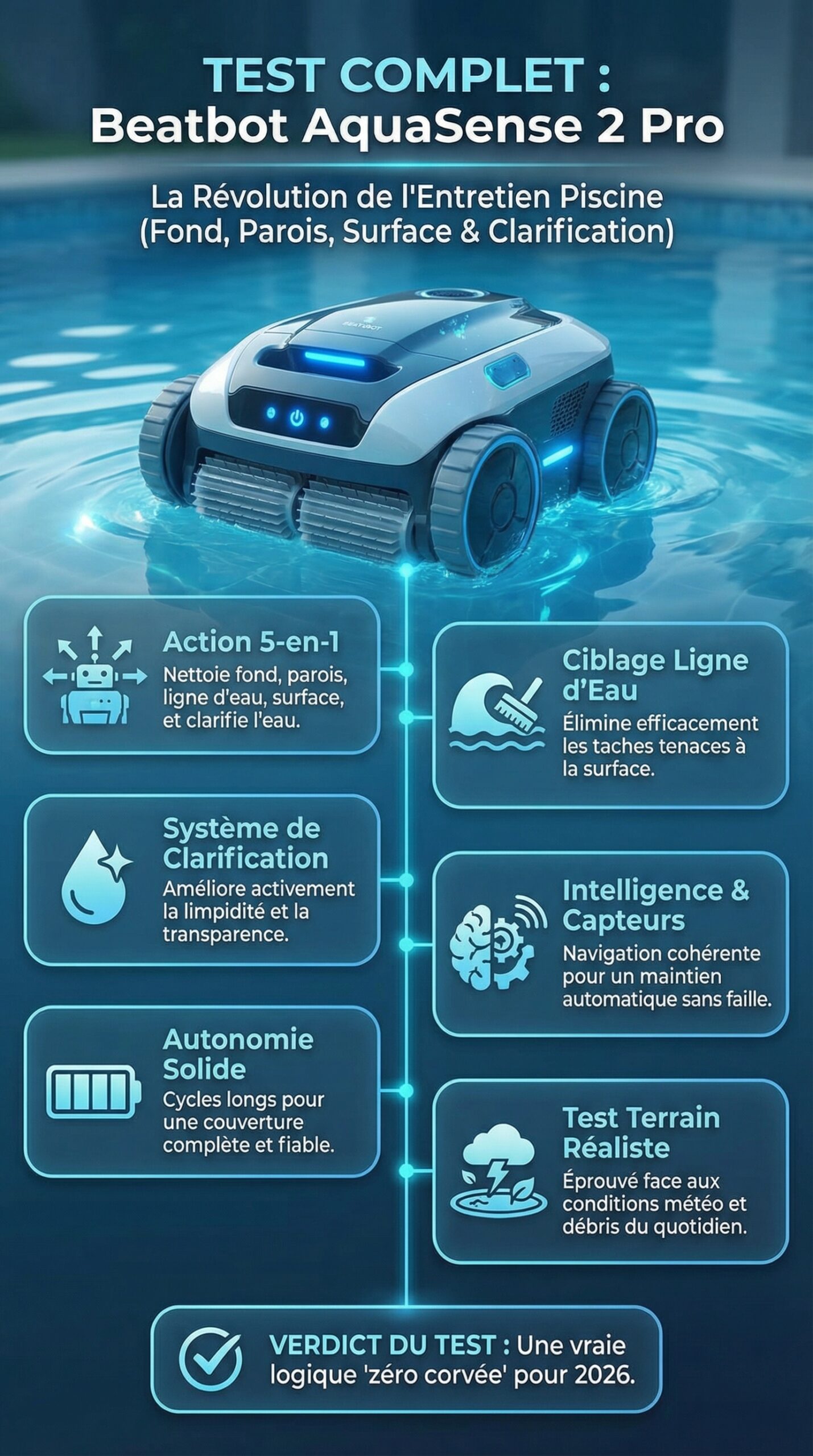 Infographie récapitulative : Test complet du Beatbot AquaSense 2 Pro : L’aspirateur robot qui révolutionne l’entretien de votre piscine