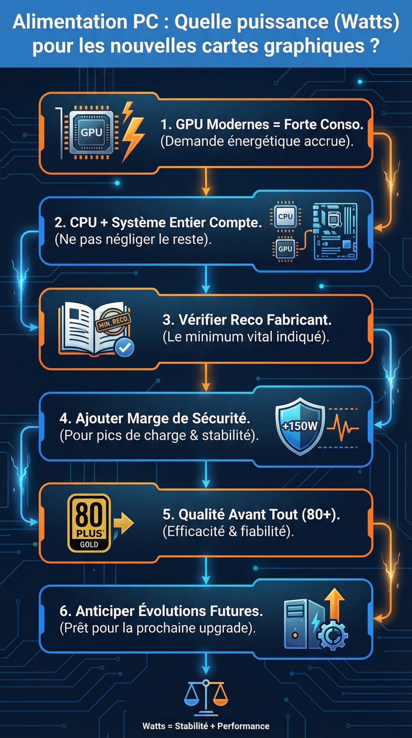 Infographie récapitulative : Alimentation PC : Quelle puissance (Watts) pour les nouvelles cartes graphiques ?