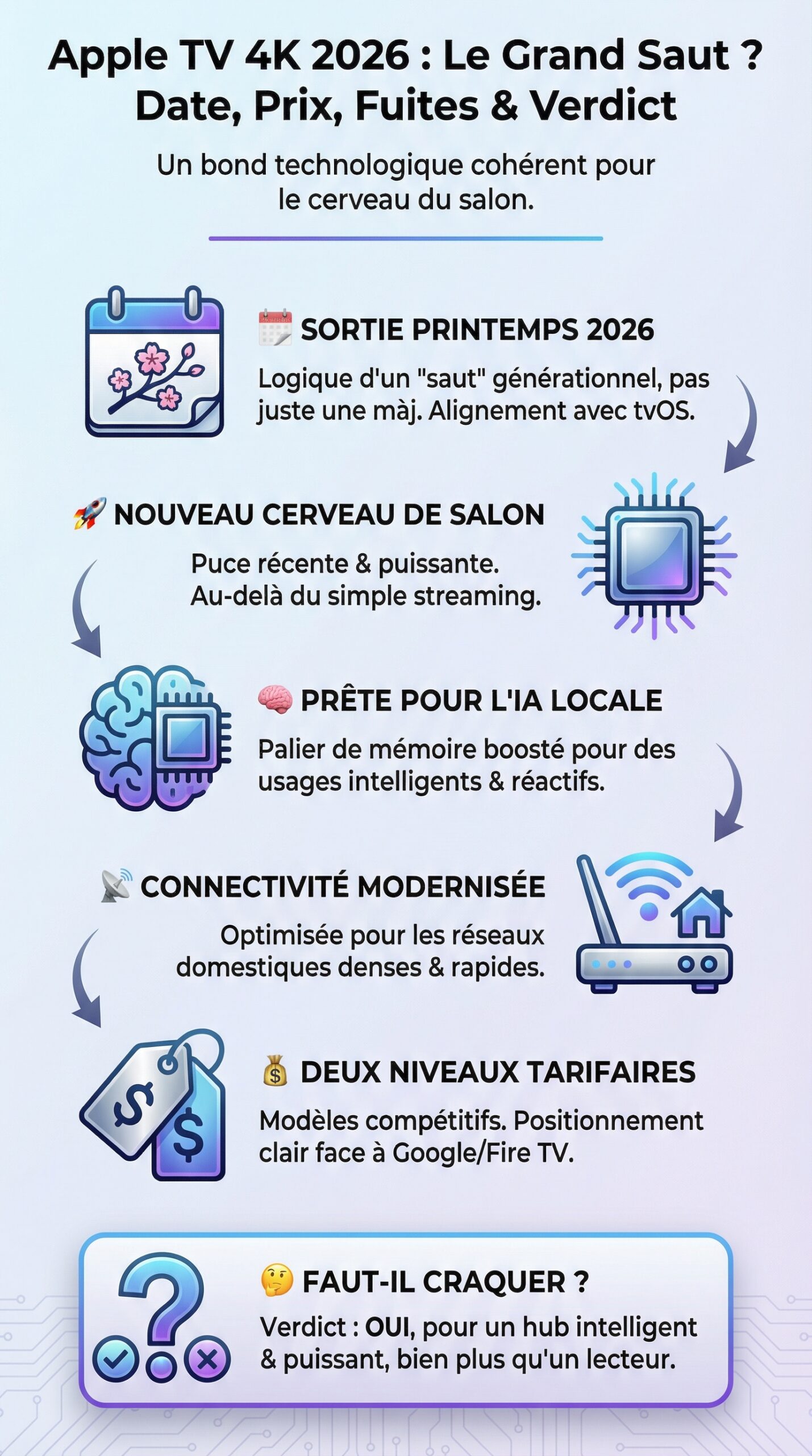 Infographie récapitulative : Apple TV 4K 2026 : Date de sortie, prix et dernières fuites – Faut-il craquer pour la nouvelle génération ?
