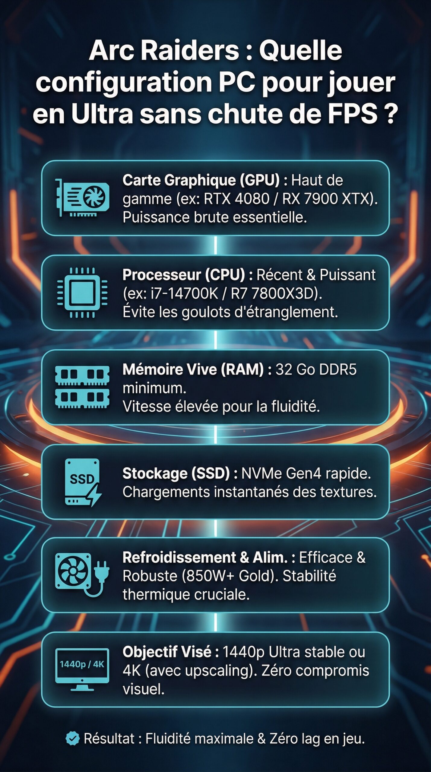 Infographie récapitulative : Arc Raiders : Quelle configuration PC pour jouer en Ultra sans chute de FPS ?
