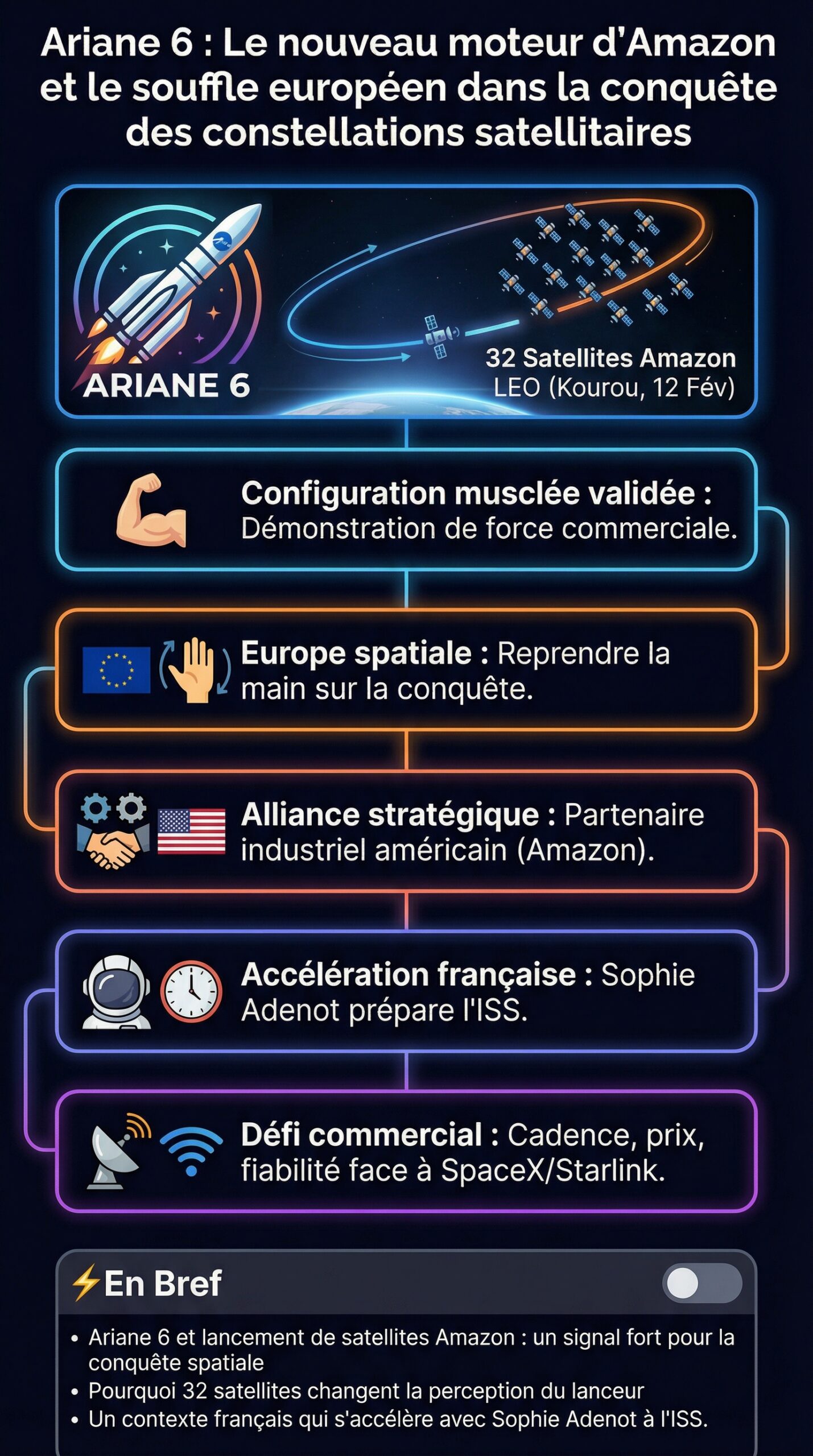 Infographie récapitulative : Ariane 6 : Le nouveau moteur d’Amazon et le souffle européen dans la conquête des constellations satellitaires