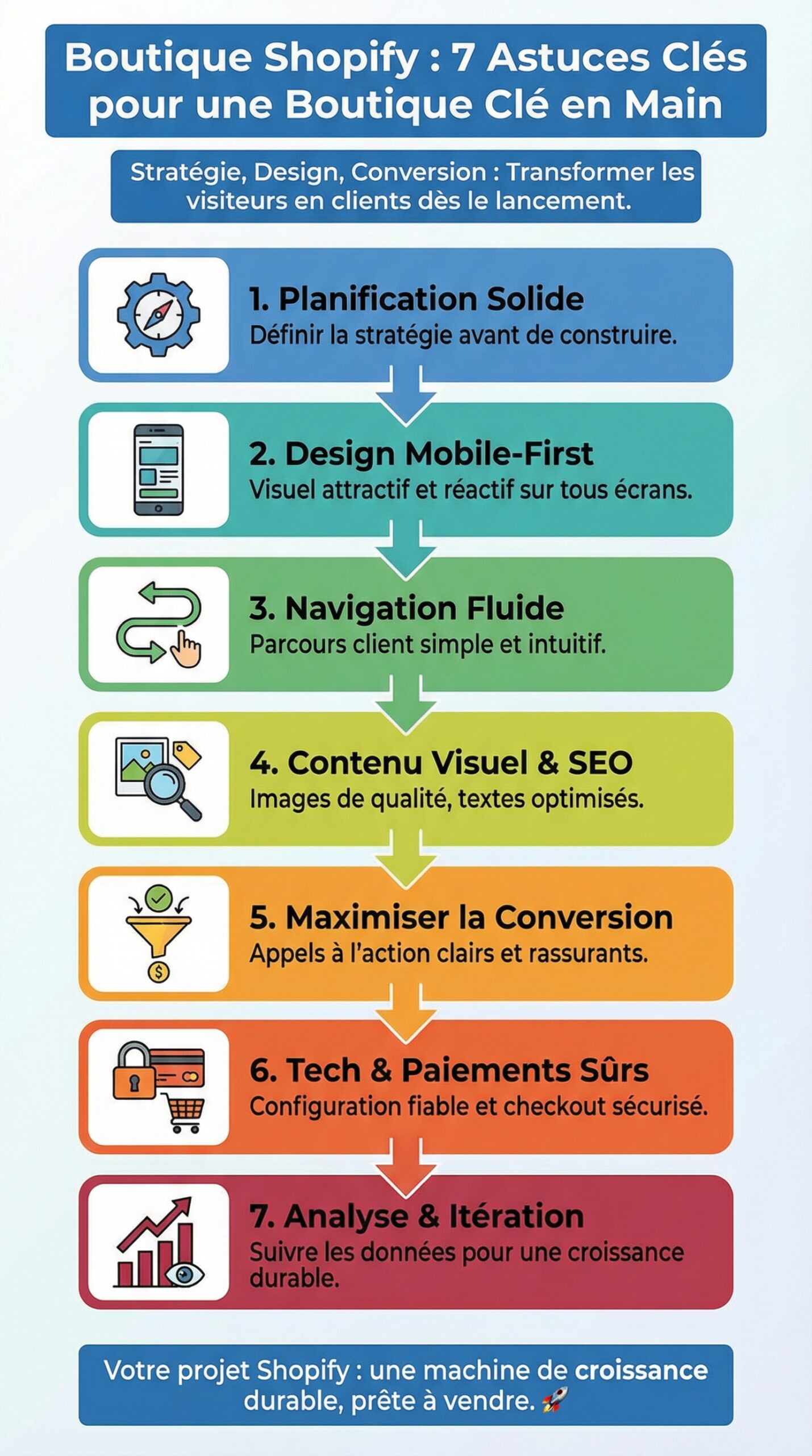 Infographie récapitulative : Boutique Shopify : les 7 astuces indéniables pour une boutique en ligne clé en main