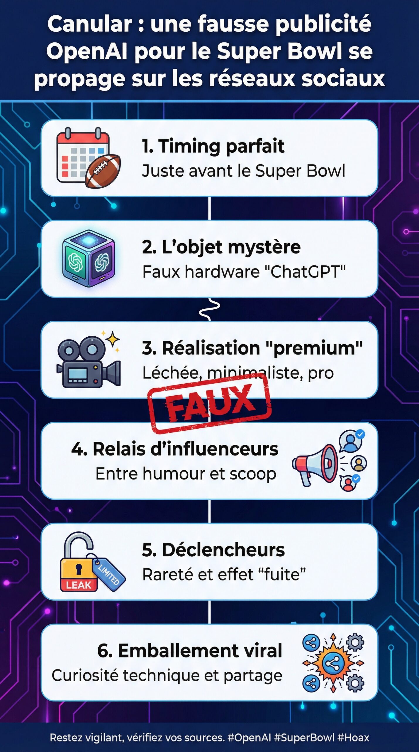 Infographie récapitulative : Canular : une fausse publicité OpenAI pour le Super Bowl se propage sur les réseaux sociaux