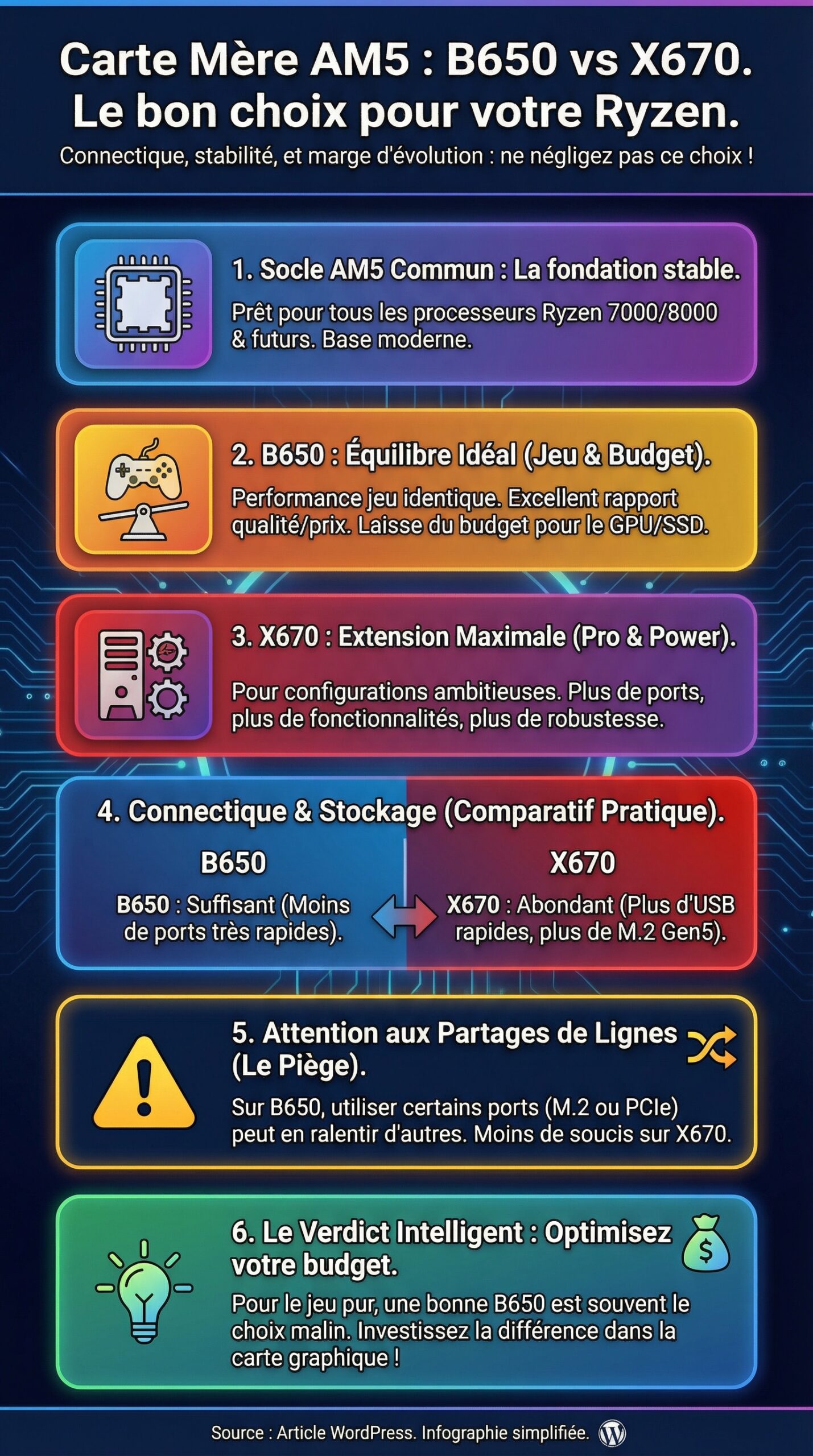 Infographie récapitulative : Carte Mère : B650 ou X670 pour les processeurs AMD Ryzen ? Le comparatif.