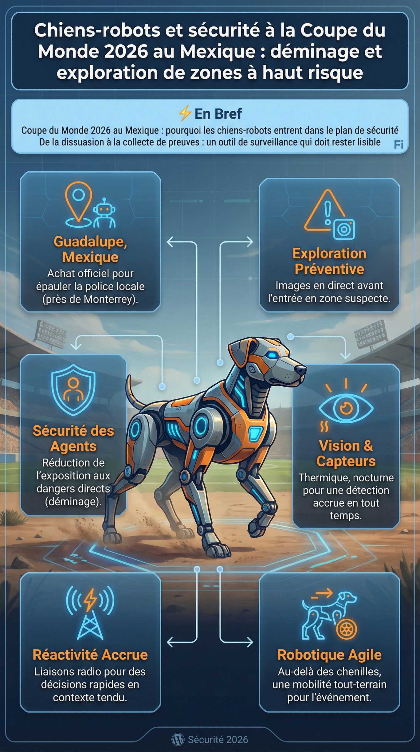 Infographie récapitulative : Chiens-robots et sécurité à la Coupe du Monde 2026 au Mexique : déminage et exploration de zones à haut risque