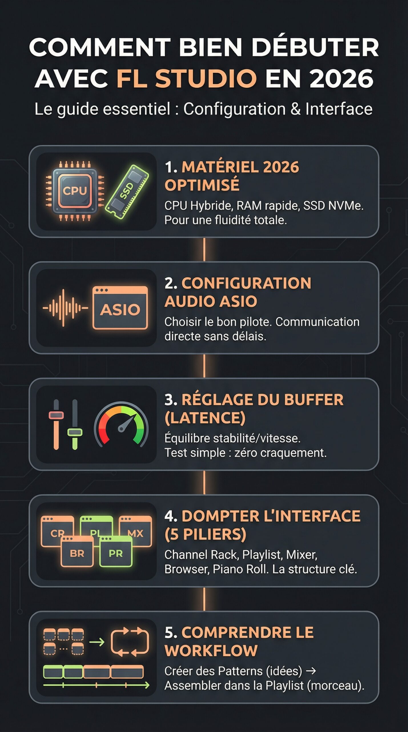 Infographie récapitulative : Comment bien débuter avec FL Studio en 2026