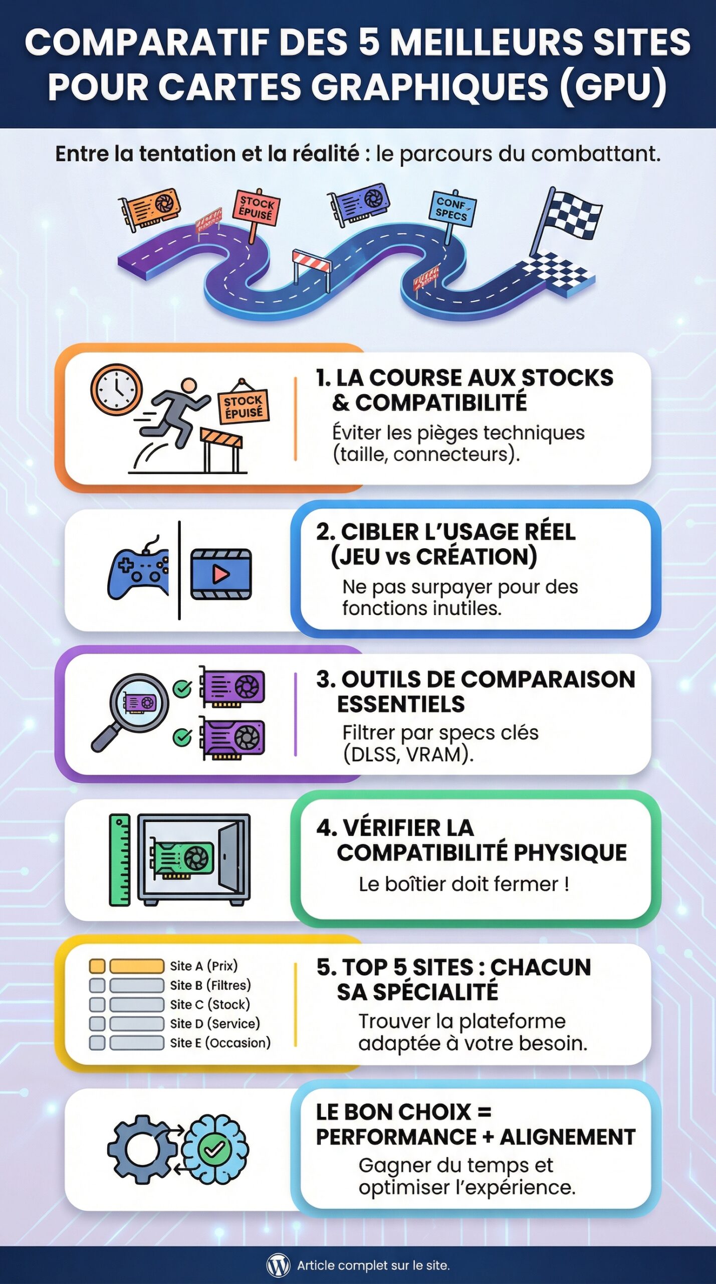 Infographie récapitulative : Comparatif des 5 meilleurs sites pour cartes graphiques (gpu)