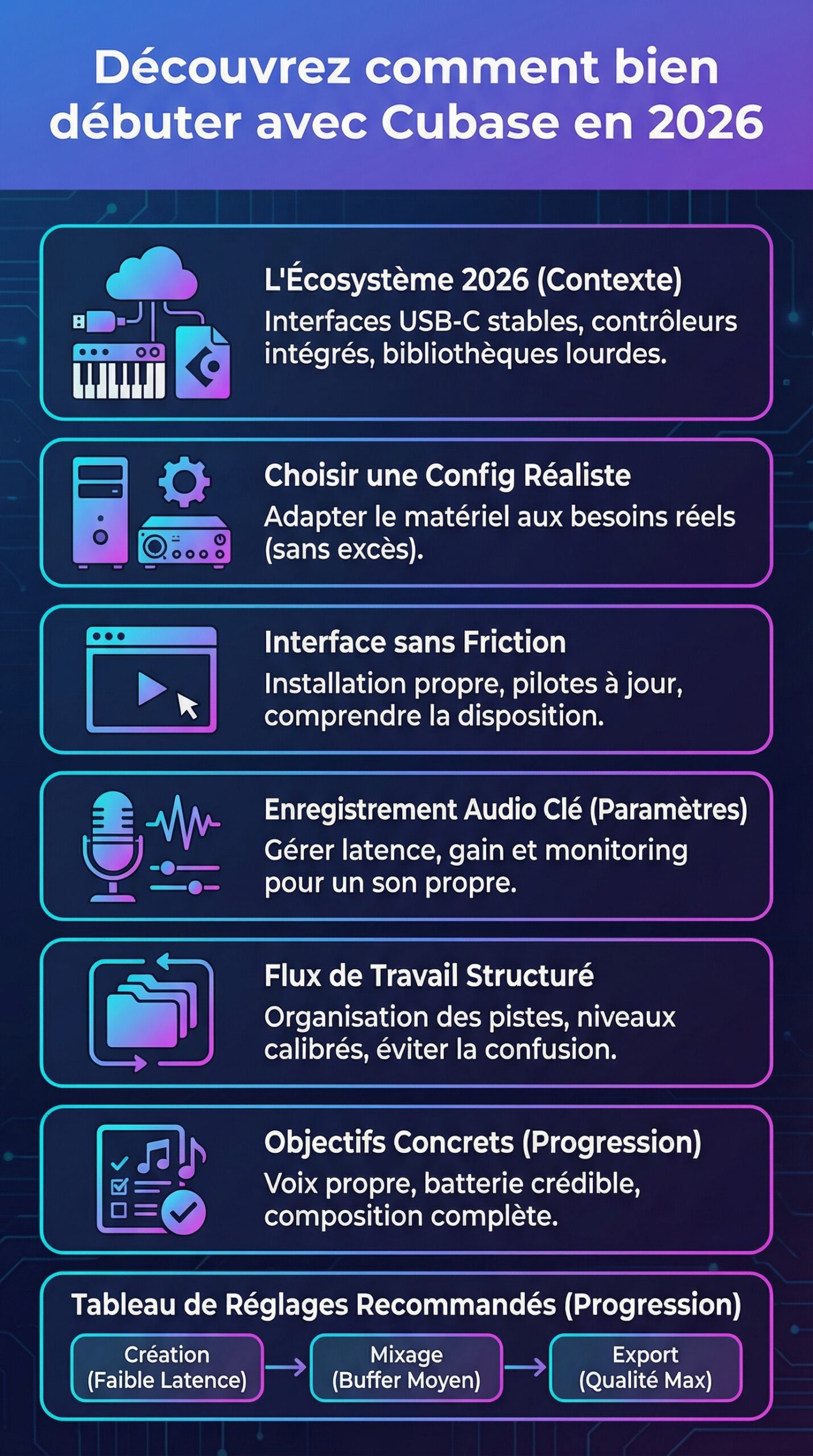 Infographie récapitulative : Découvrez comment bien débuter avec cubase en 2026
