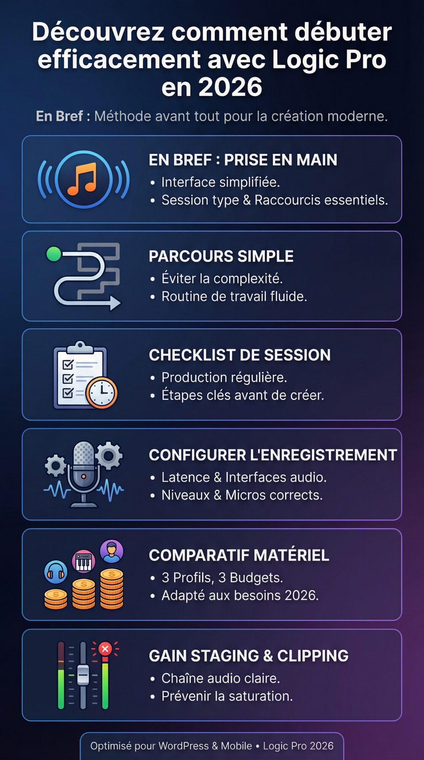 Infographie récapitulative : Découvrez comment débuter efficacement avec Logic Pro en 2026