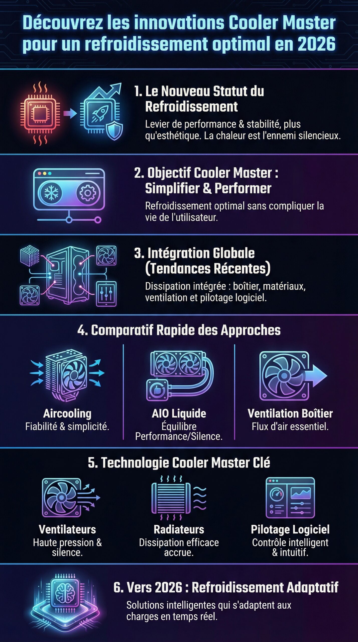Infographie récapitulative : Découvrez les innovations Cooler Master pour un refroidissement optimal en 2026