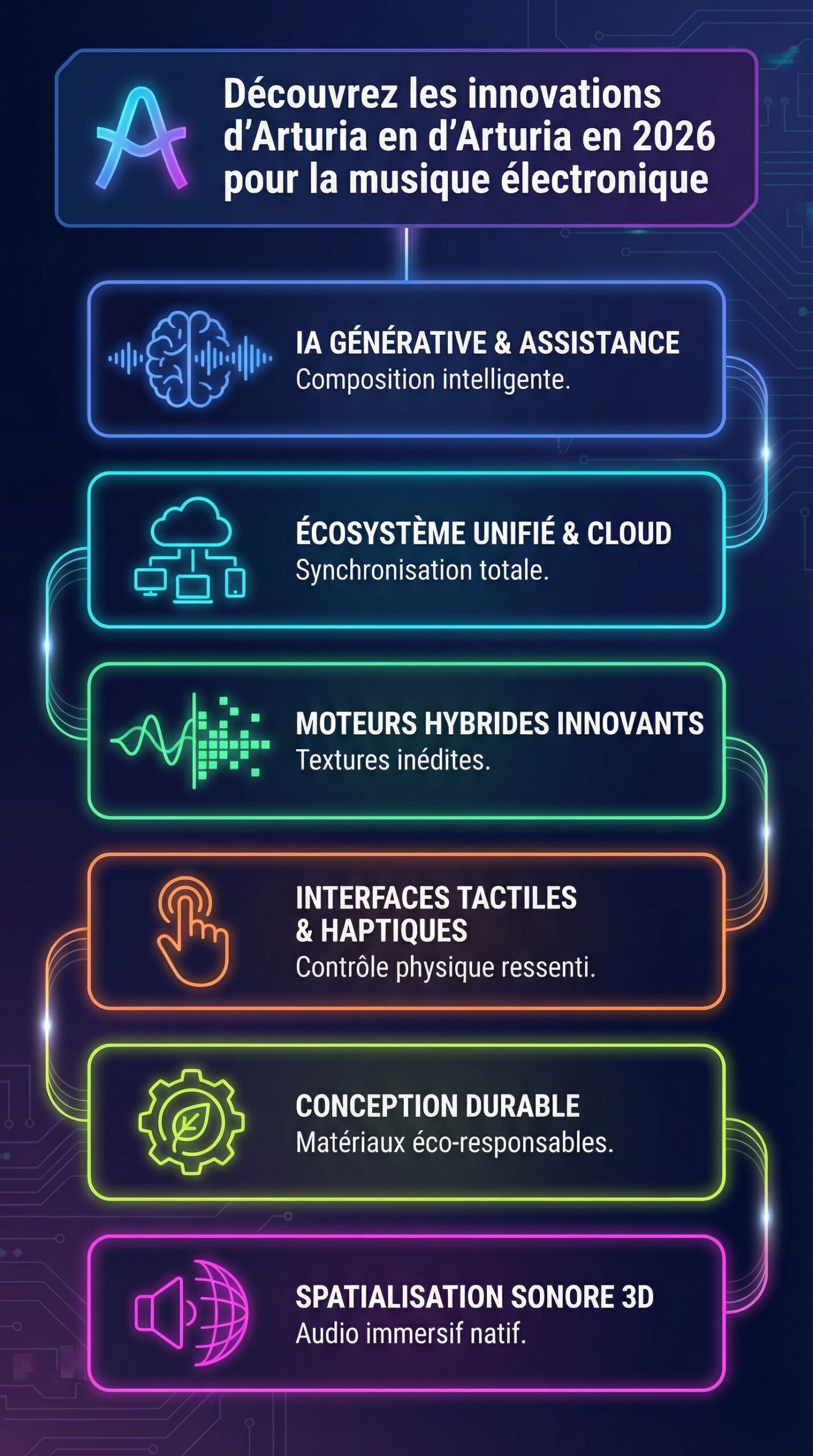 Infographie récapitulative : Découvrez les innovations d&rsquo;arturia en 2026 pour la musique électronique