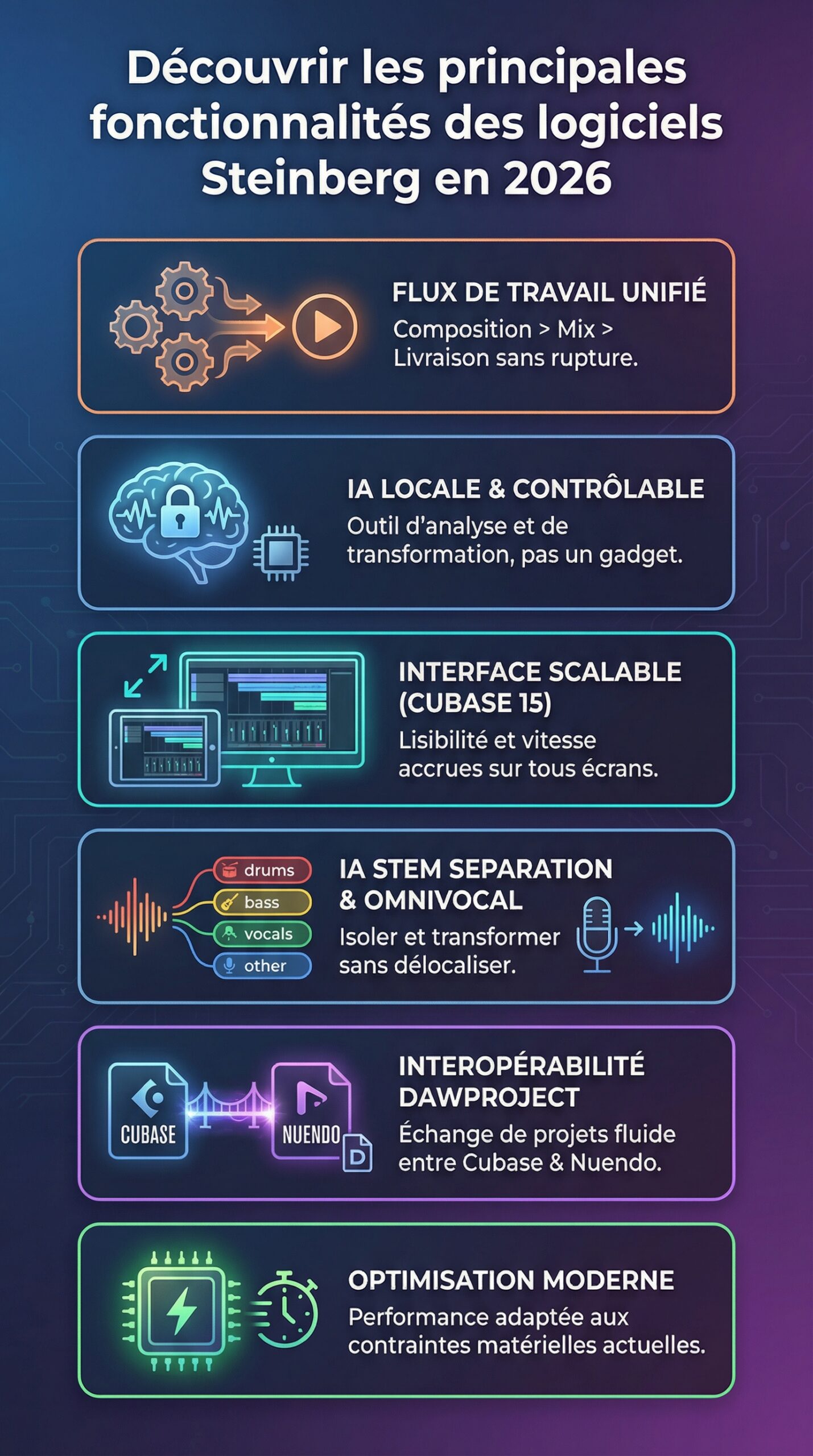 Infographie récapitulative : Découvrir les principales fonctionnalités des logiciels steinberg en 2026