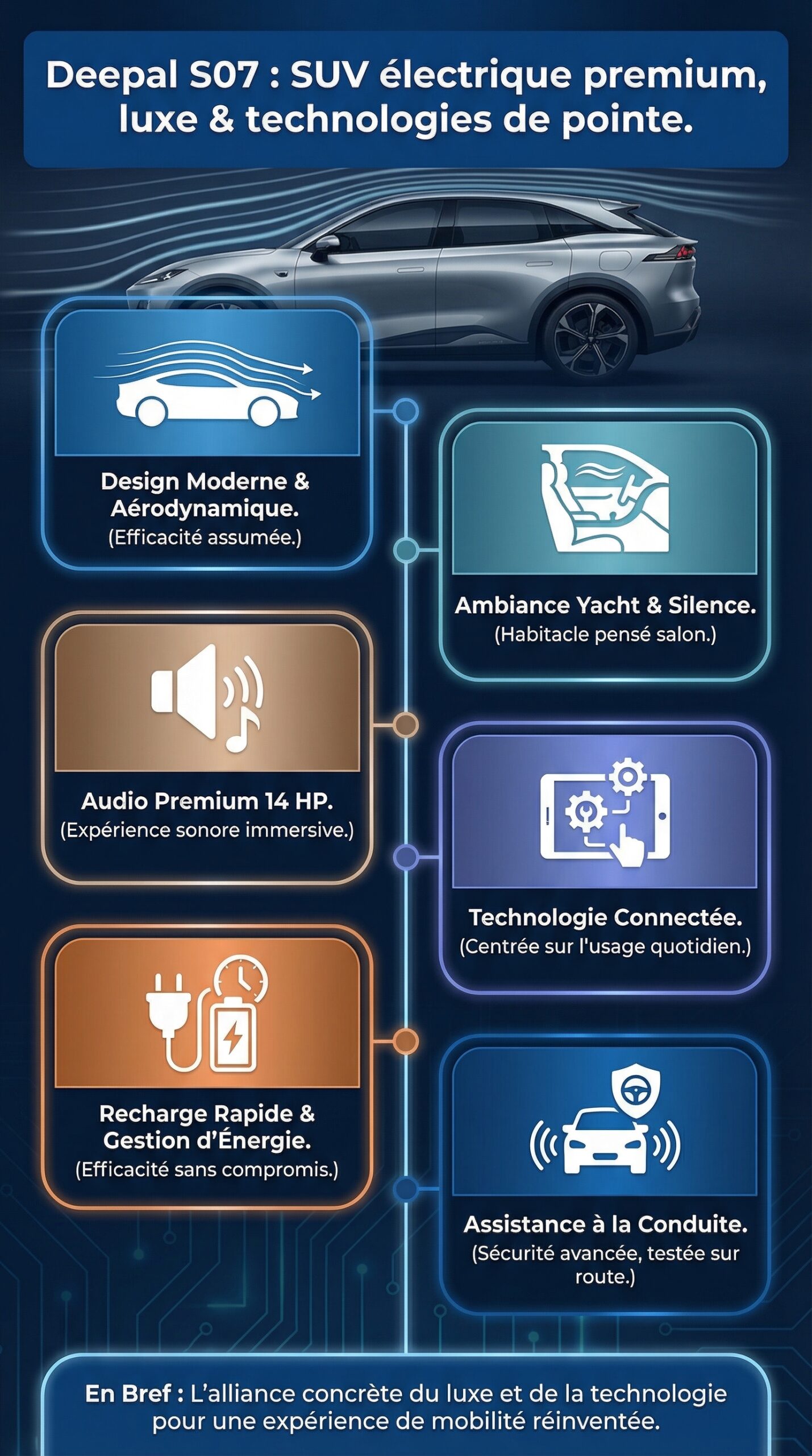 Infographie récapitulative : Deepal S07 : le SUV électrique premium alliant luxe et technologies de pointe