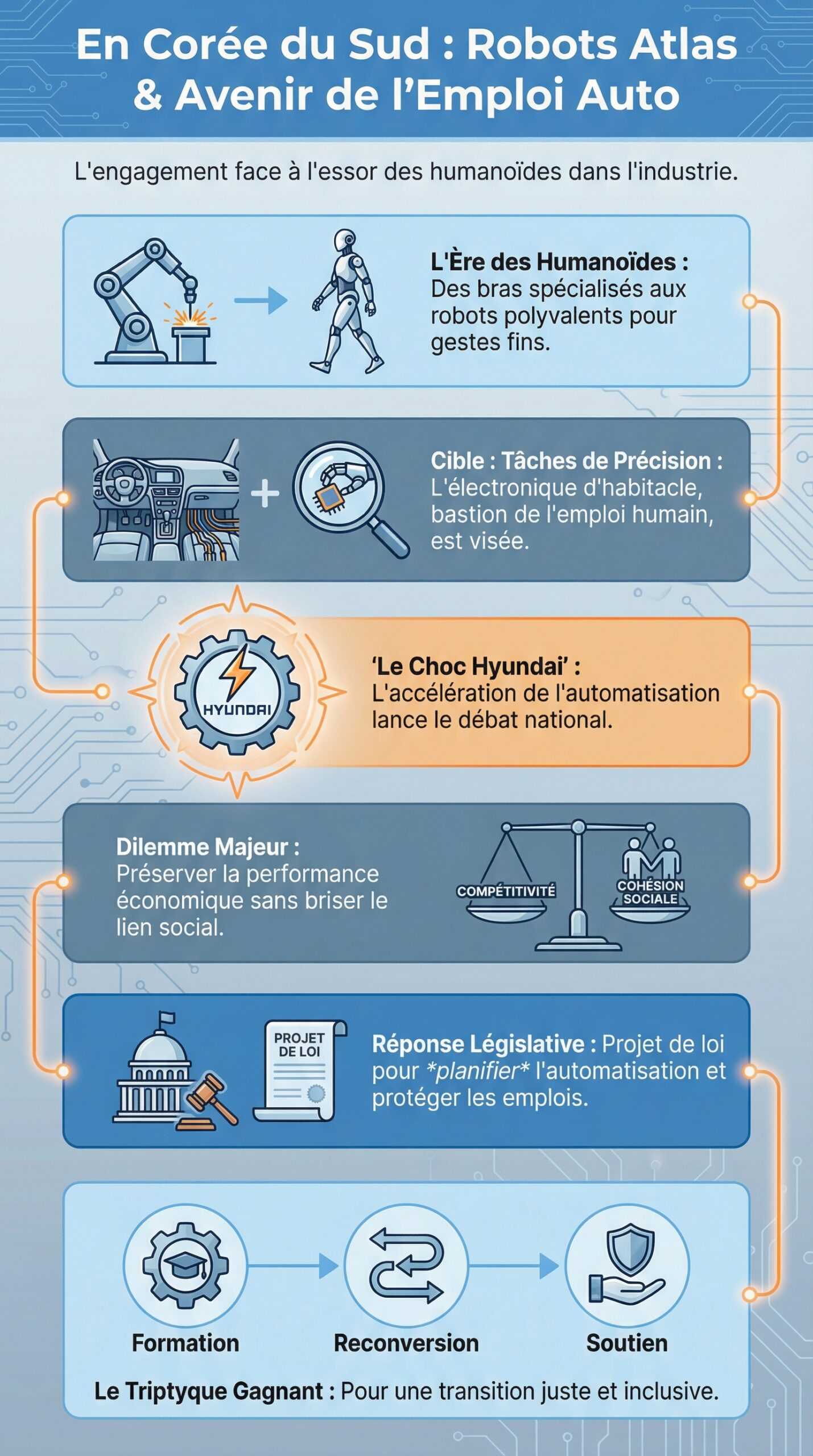 Infographie récapitulative : En Corée du Sud, des représentants s&rsquo;engagent pour sauvegarder les emplois face à l&rsquo;essor des robots Atlas dans l&rsquo;industrie automobile
